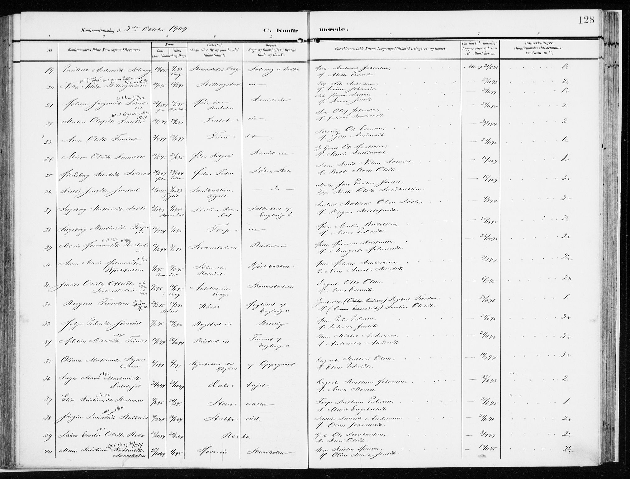 Løten prestekontor, AV/SAH-PREST-022/K/Ka/L0011: Parish register (official) no. 11, 1908-1917, p. 128