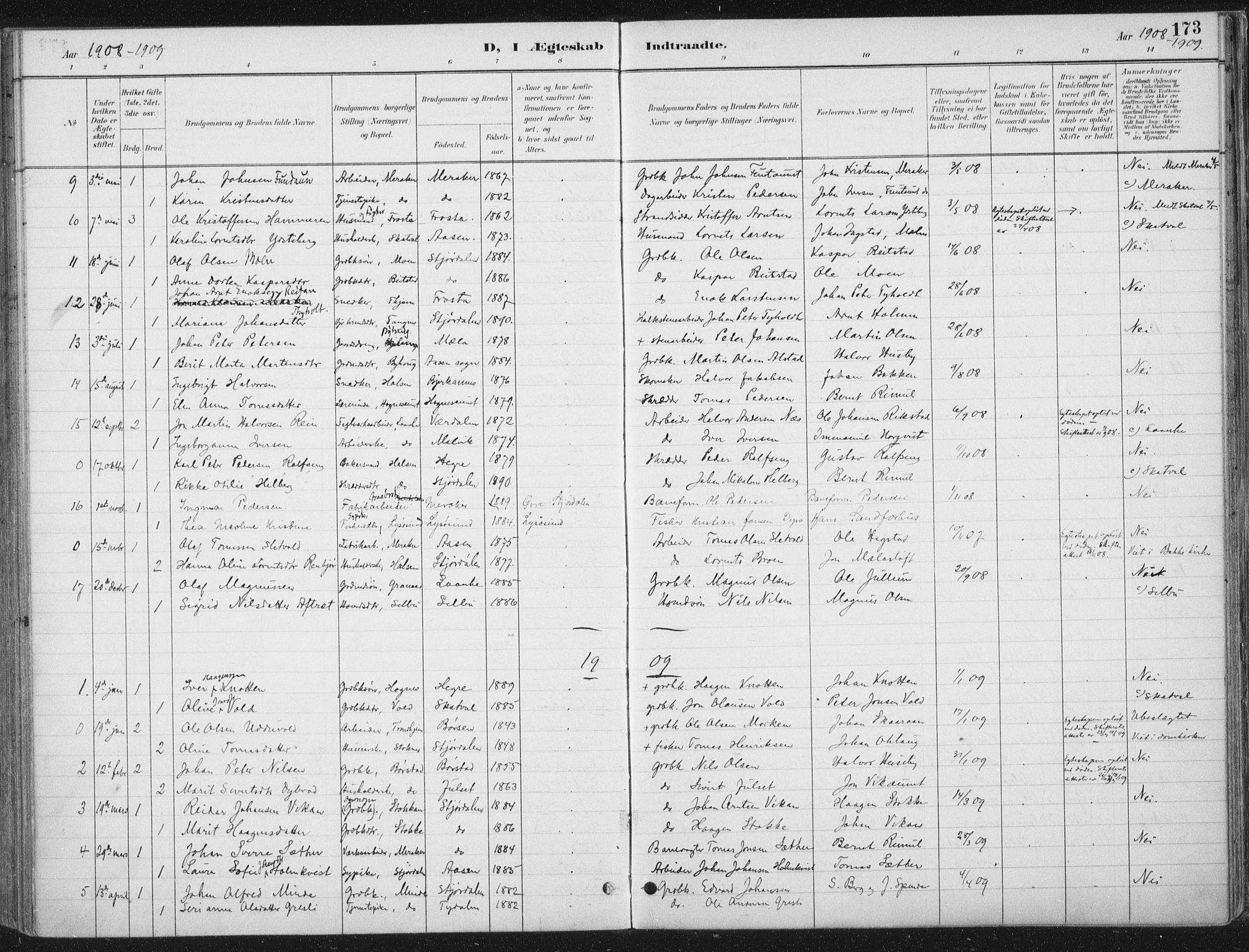 Ministerialprotokoller, klokkerbøker og fødselsregistre - Nord-Trøndelag, SAT/A-1458/709/L0082: Parish register (official) no. 709A22, 1896-1916, p. 173