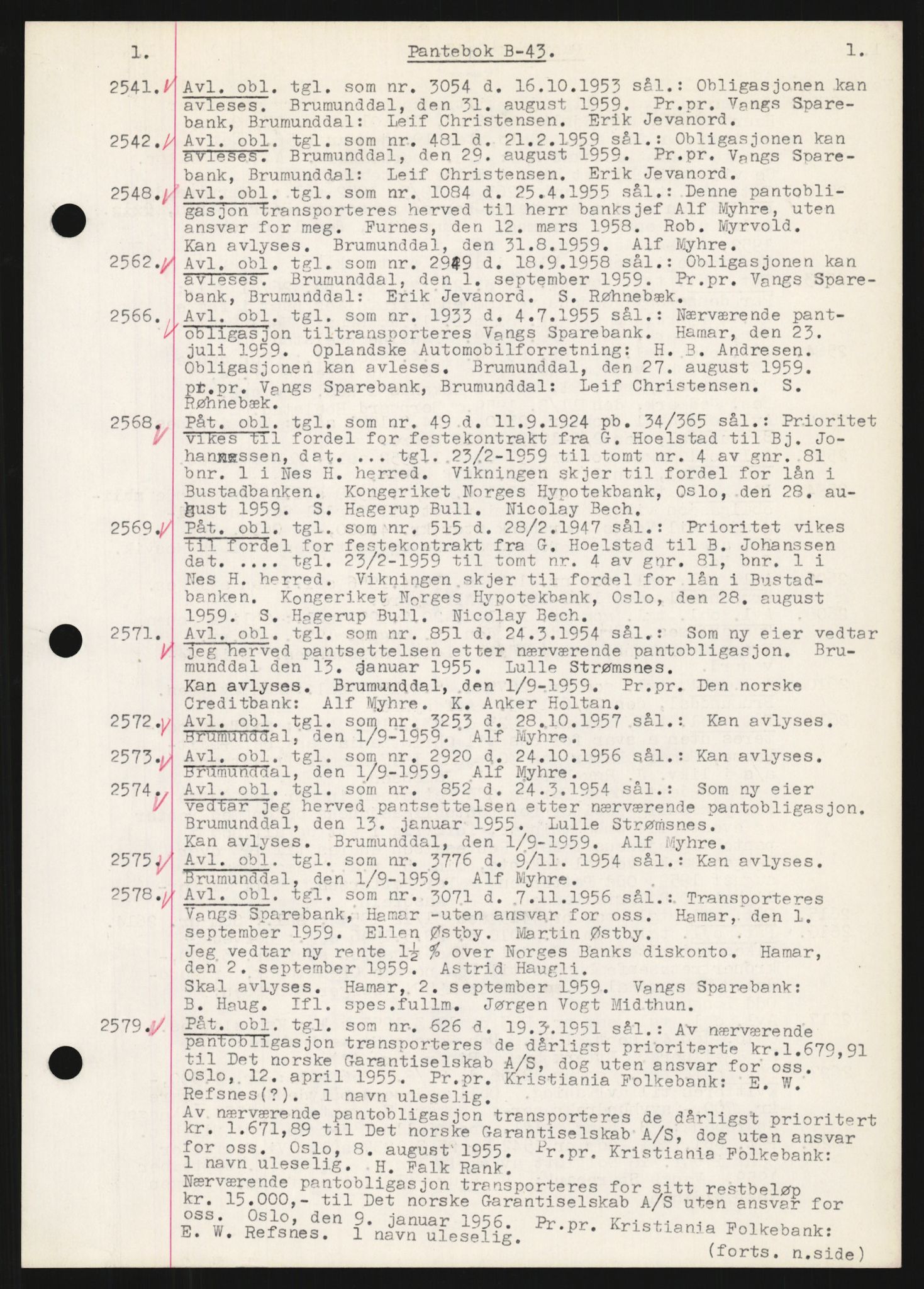 Nord-Hedmark sorenskriveri, SAH/TING-012/H/Hb/Hbf/L0043: Mortgage book no. B43, 1959-1960, Diary no: : 2541/1959
