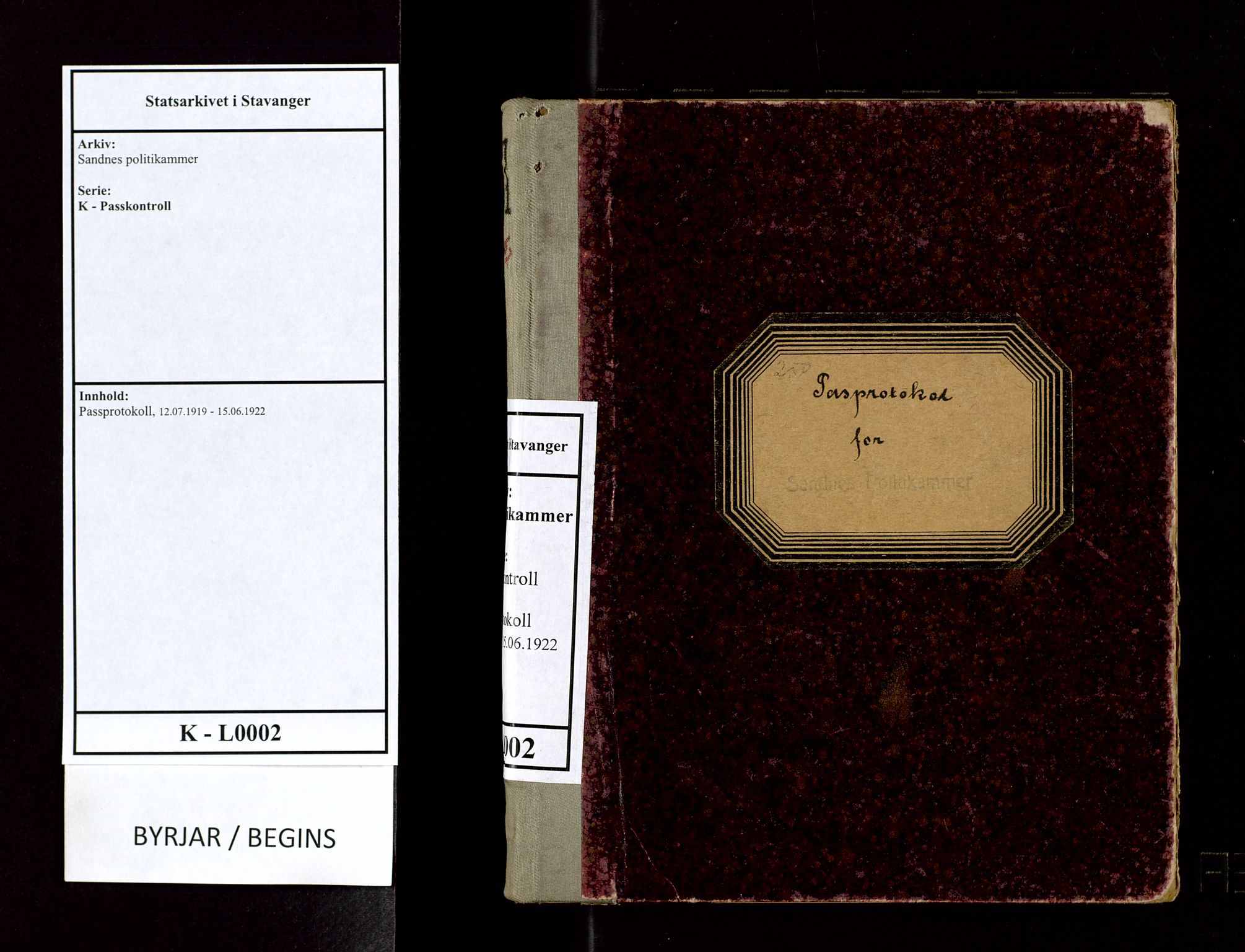Sandnes politikammer, SAST/A-100446/K/L0002: Passprotokoll, 1919-1922, p. 1