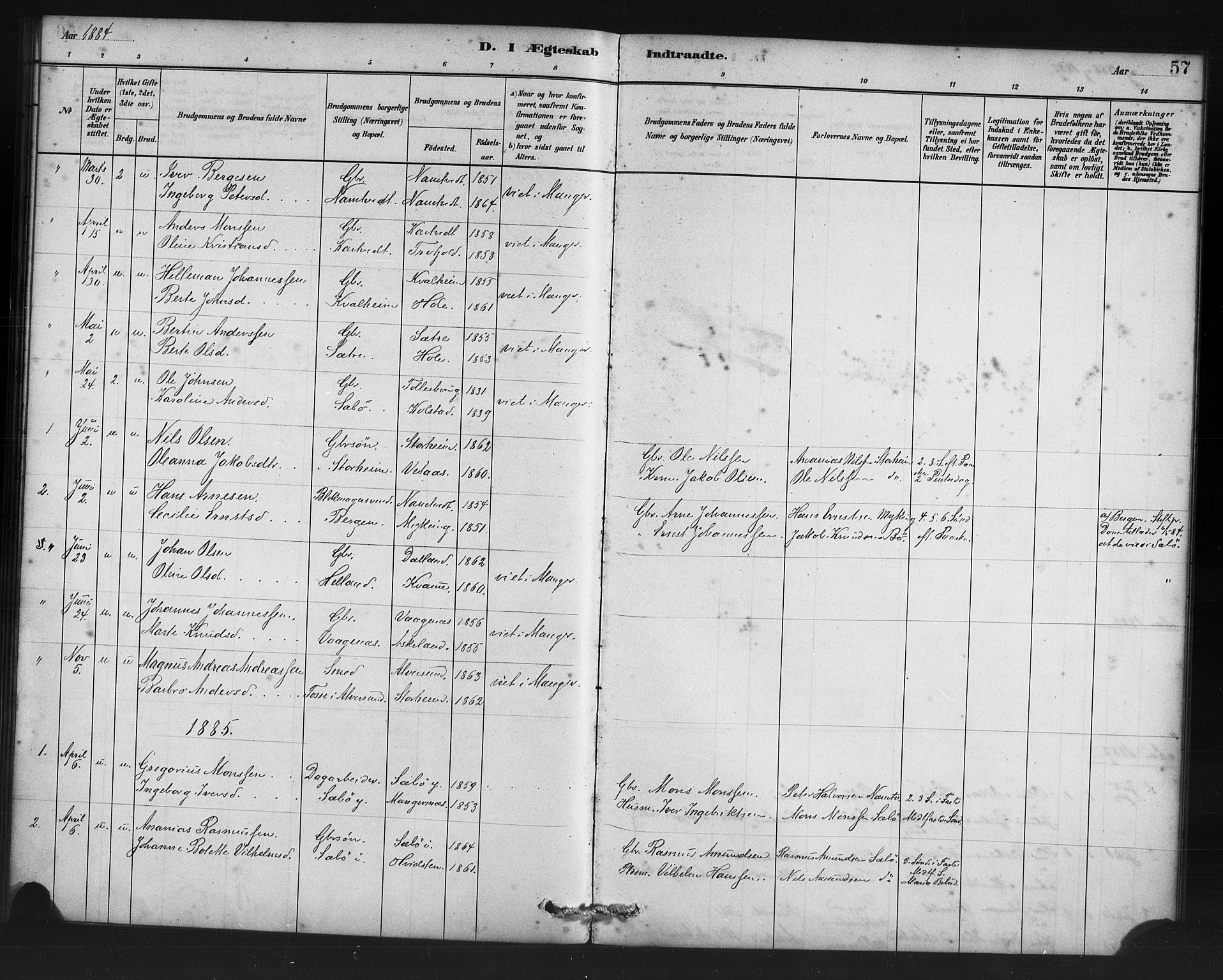 Manger sokneprestembete, AV/SAB-A-76801/H/Haa: Parish register (official) no. D 1, 1881-1892, p. 57