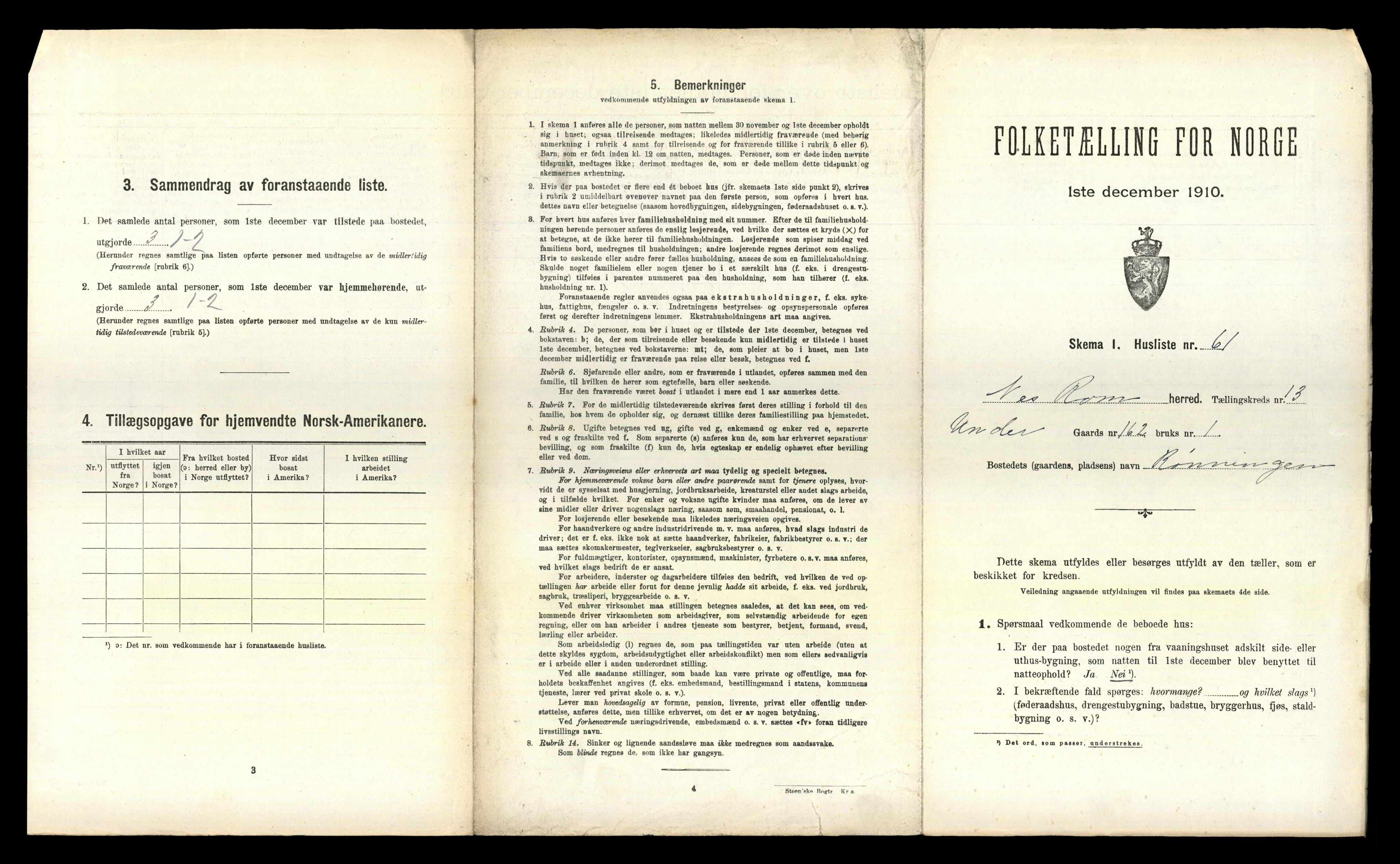 RA, 1910 census for Nes, 1910, p. 1872