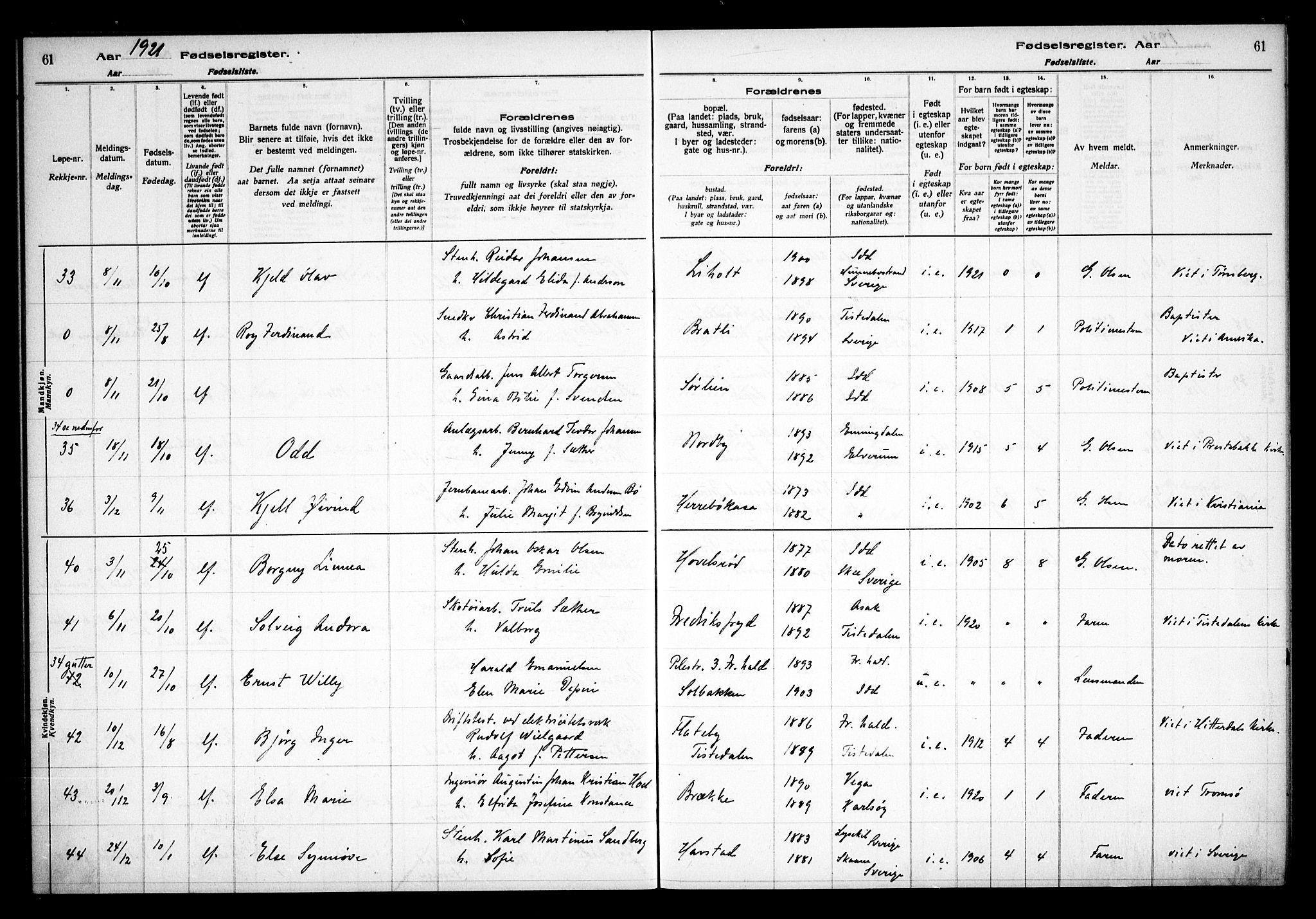 Idd prestekontor Kirkebøker, AV/SAO-A-10911/J/Ja/L0001: Birth register no. I 1, 1916-1937, p. 61