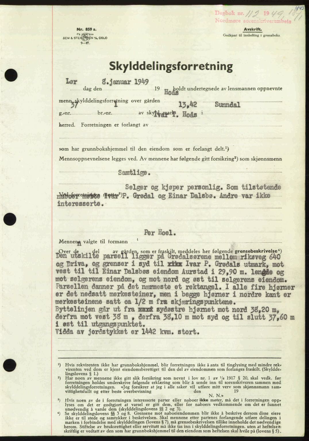 Nordmøre sorenskriveri, AV/SAT-A-4132/1/2/2Ca: Mortgage book no. A110, 1948-1949, Diary no: : 112/1949