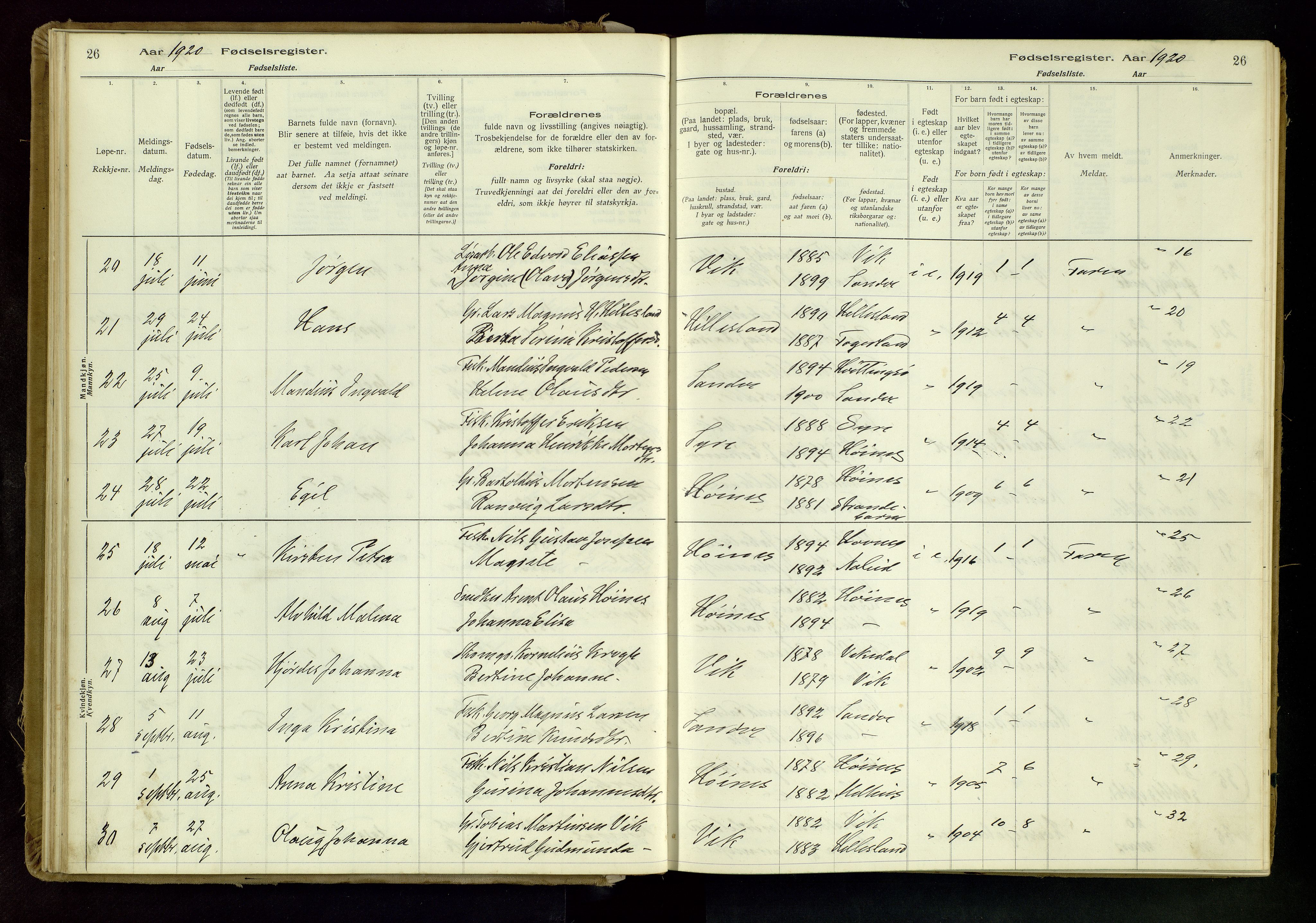 Skudenes sokneprestkontor, SAST/A -101849/I/Id/L0001: Birth register no. 1, 1916-1964, p. 26