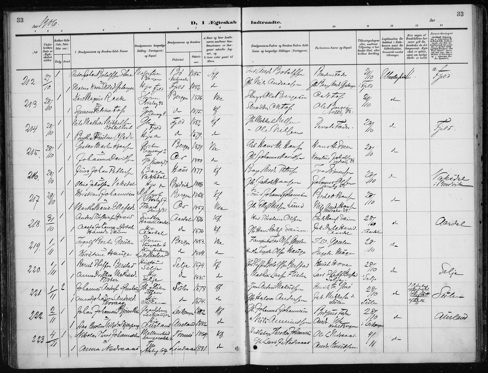 Nykirken Sokneprestembete, AV/SAB-A-77101/H/Haa/L0035: Parish register (official) no. D 5, 1905-1913, p. 33