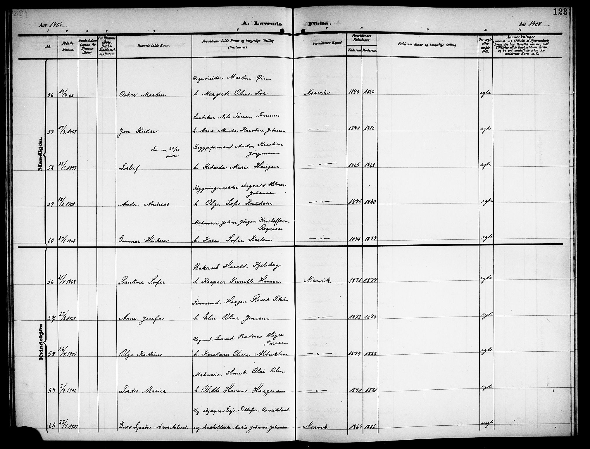 Ministerialprotokoller, klokkerbøker og fødselsregistre - Nordland, AV/SAT-A-1459/871/L1012: Parish register (copy) no. 871C01, 1902-1909, p. 123