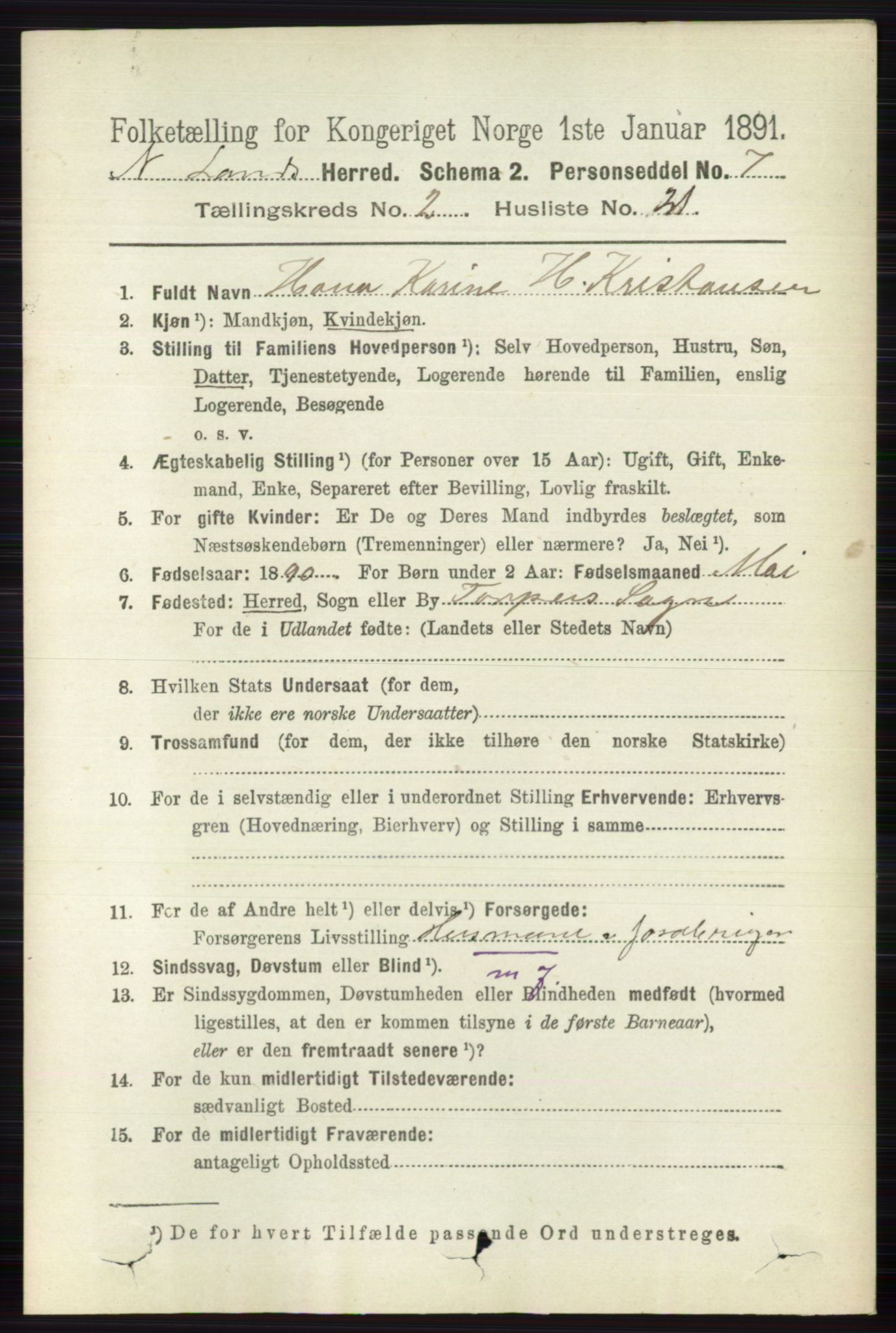 RA, 1891 census for 0538 Nordre Land, 1891, p. 707