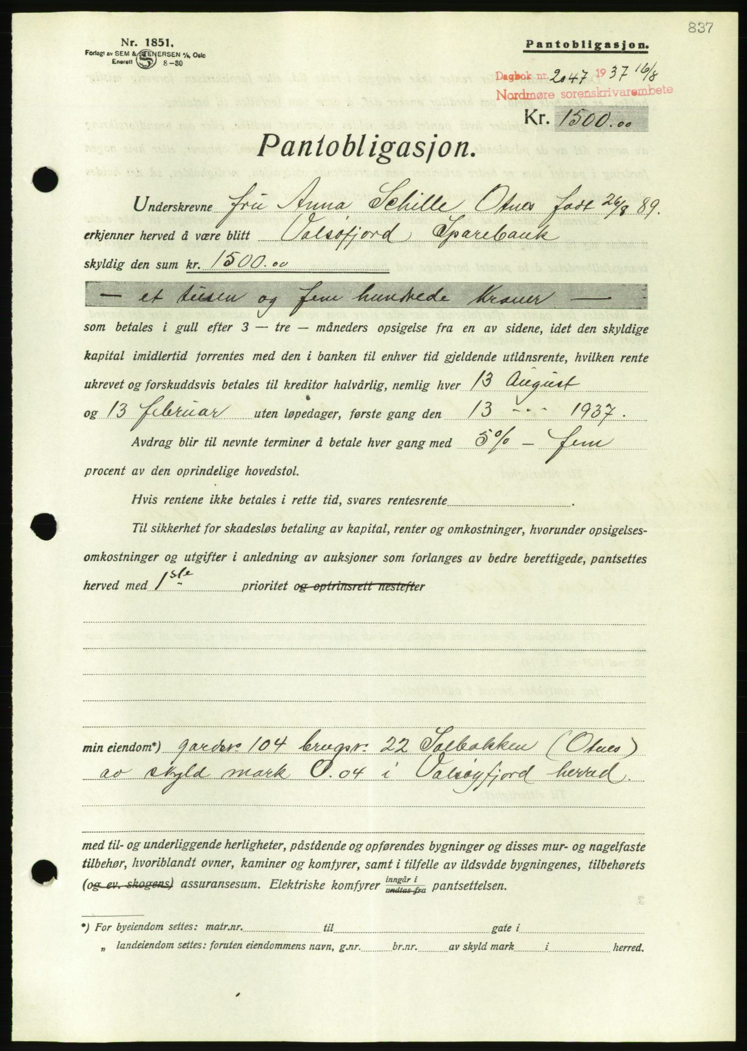 Nordmøre sorenskriveri, AV/SAT-A-4132/1/2/2Ca/L0091: Mortgage book no. B81, 1937-1937, Diary no: : 2047/1937