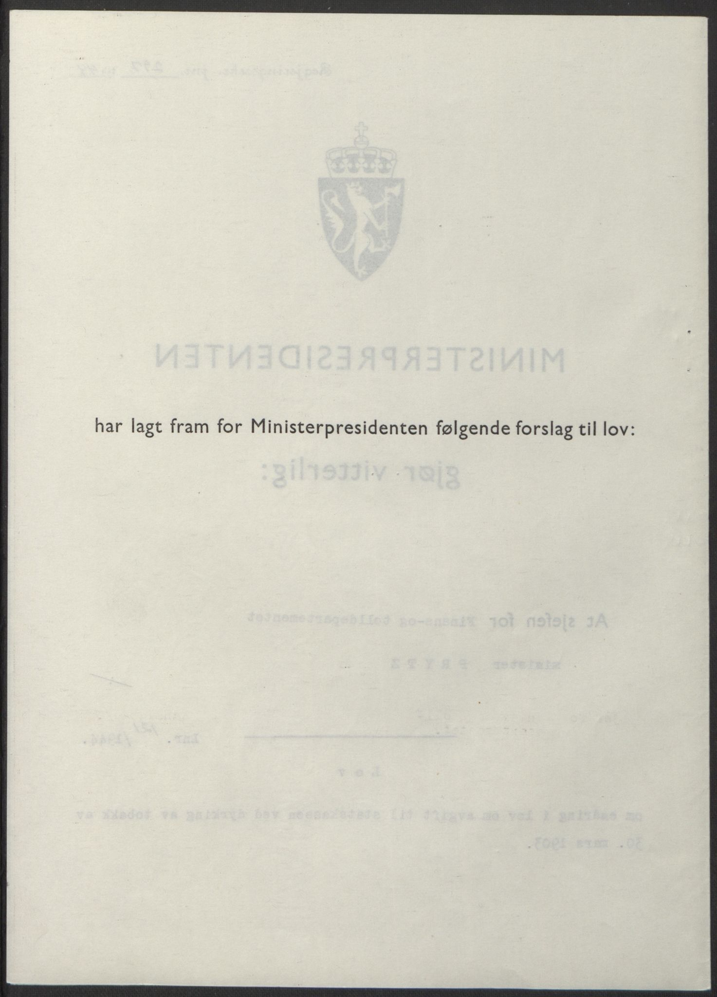 NS-administrasjonen 1940-1945 (Statsrådsekretariatet, de kommisariske statsråder mm), AV/RA-S-4279/D/Db/L0100: Lover, 1944, p. 575