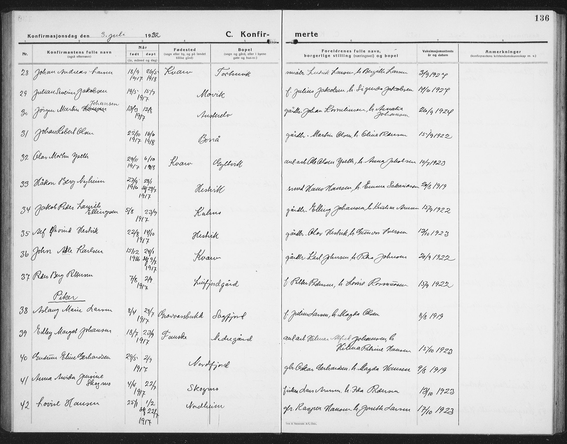 Ministerialprotokoller, klokkerbøker og fødselsregistre - Nordland, AV/SAT-A-1459/854/L0788: Parish register (copy) no. 854C04, 1926-1940, p. 136