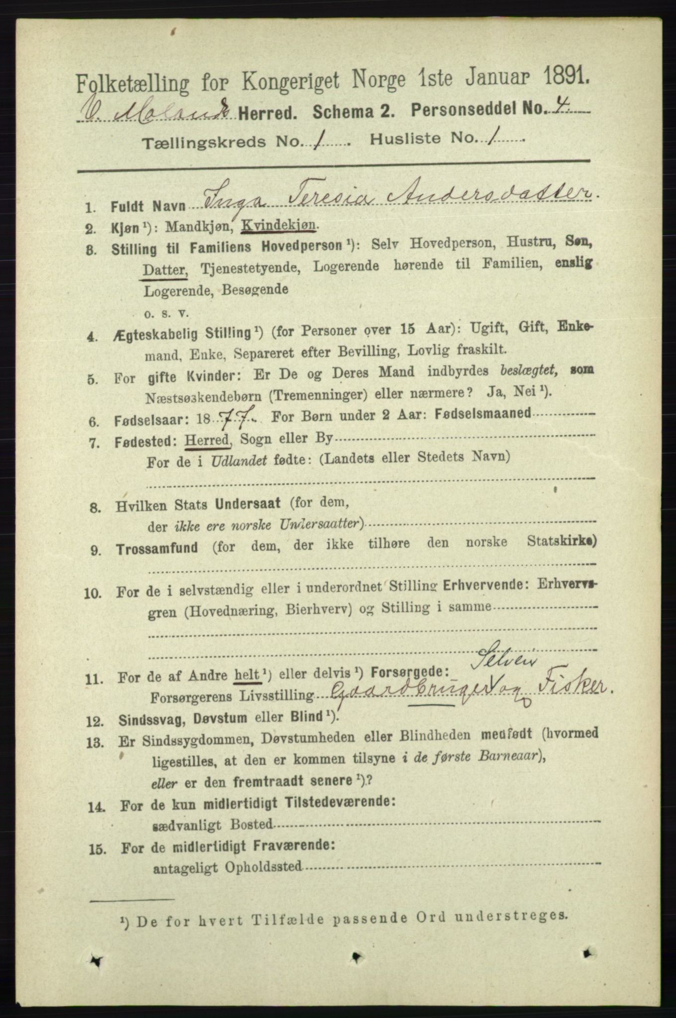 RA, 1891 census for 0926 Vestre Moland, 1891, p. 112