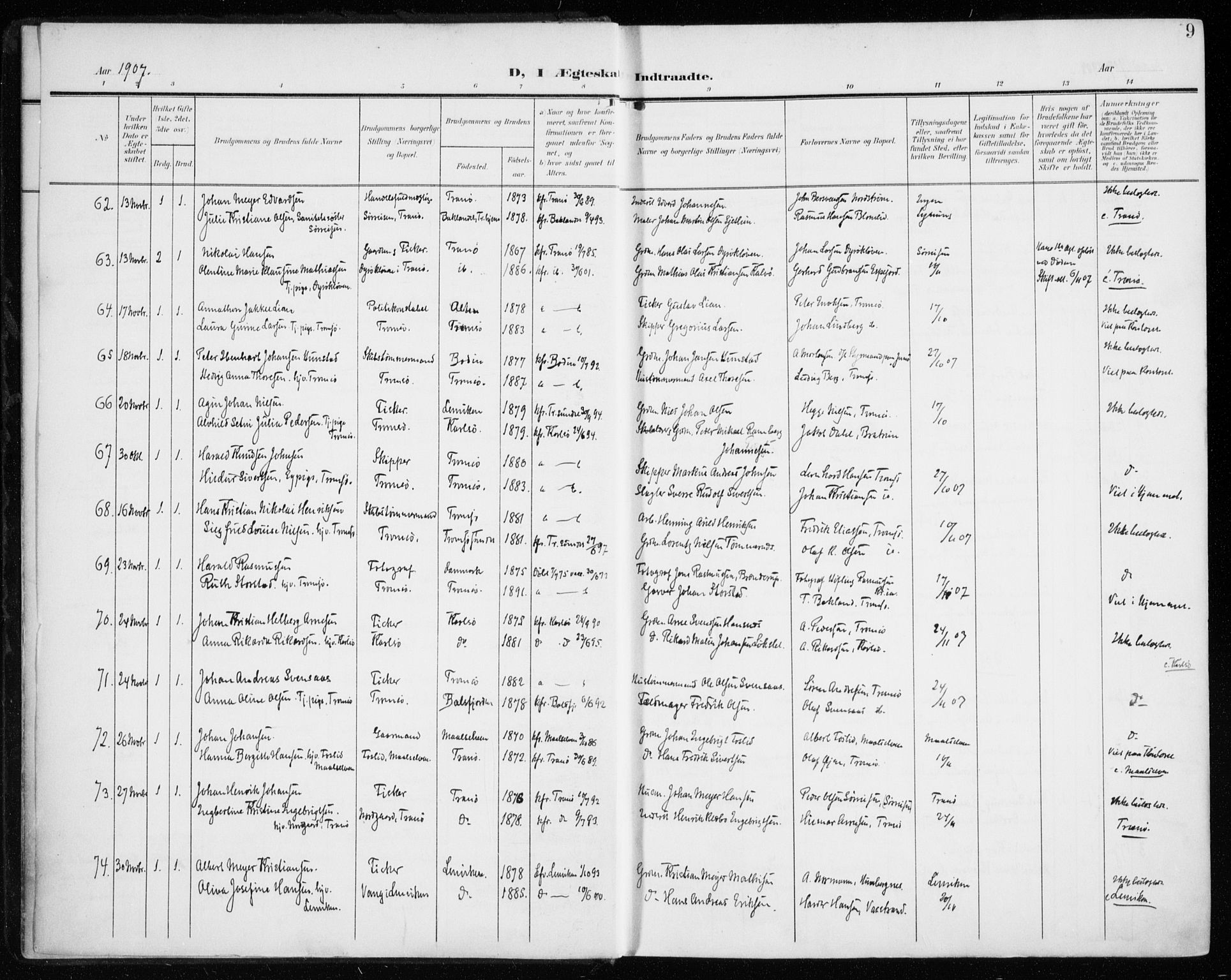 Tromsø sokneprestkontor/stiftsprosti/domprosti, SATØ/S-1343/G/Ga/L0018kirke: Parish register (official) no. 18, 1907-1917, p. 9