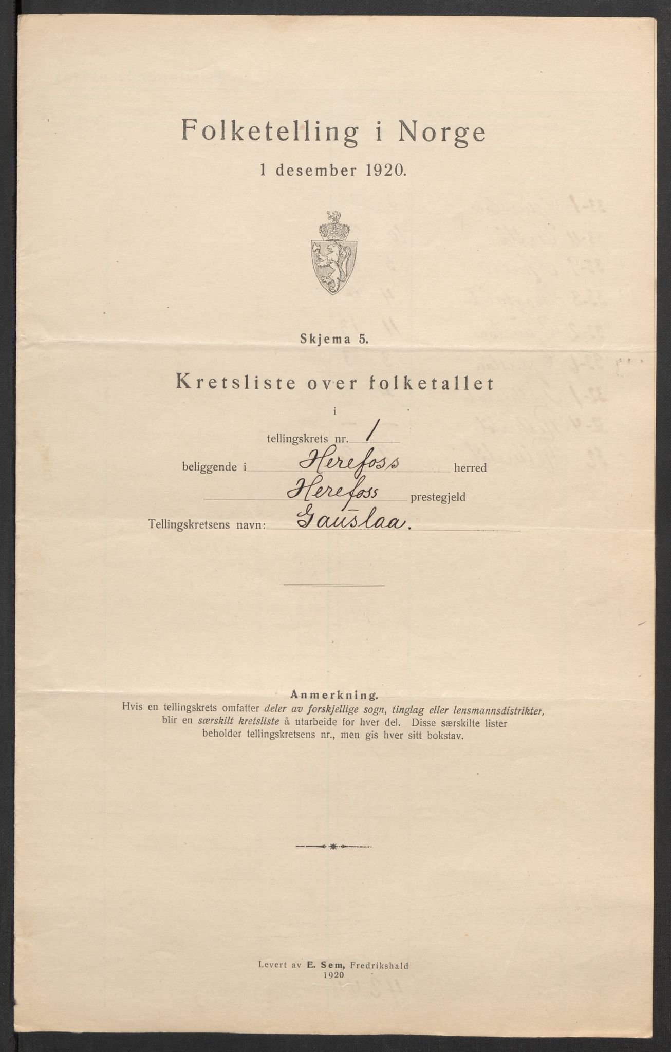 SAK, 1920 census for Herefoss, 1920, p. 6