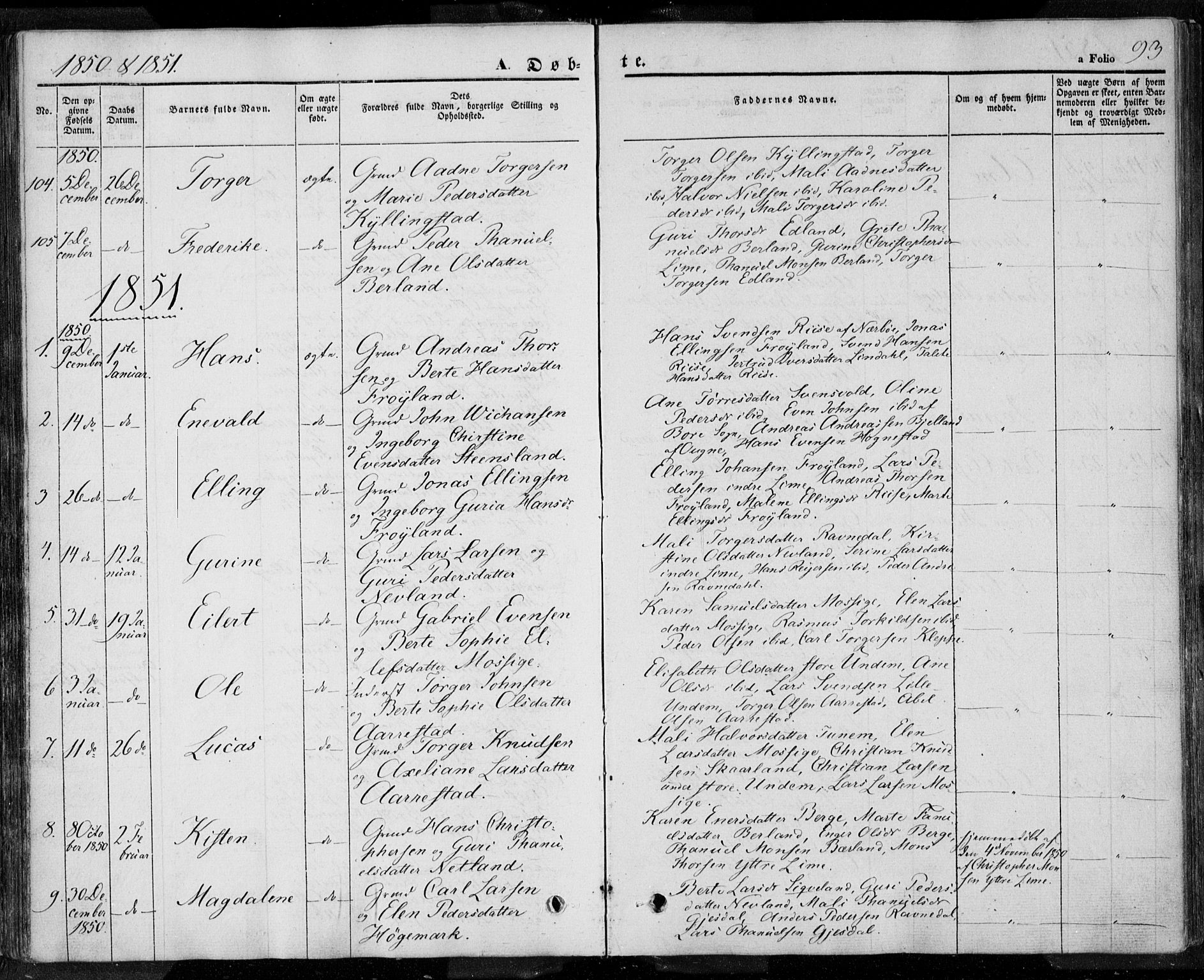 Lye sokneprestkontor, AV/SAST-A-101794/001/30BA/L0005: Parish register (official) no. A 5.1, 1842-1855, p. 93