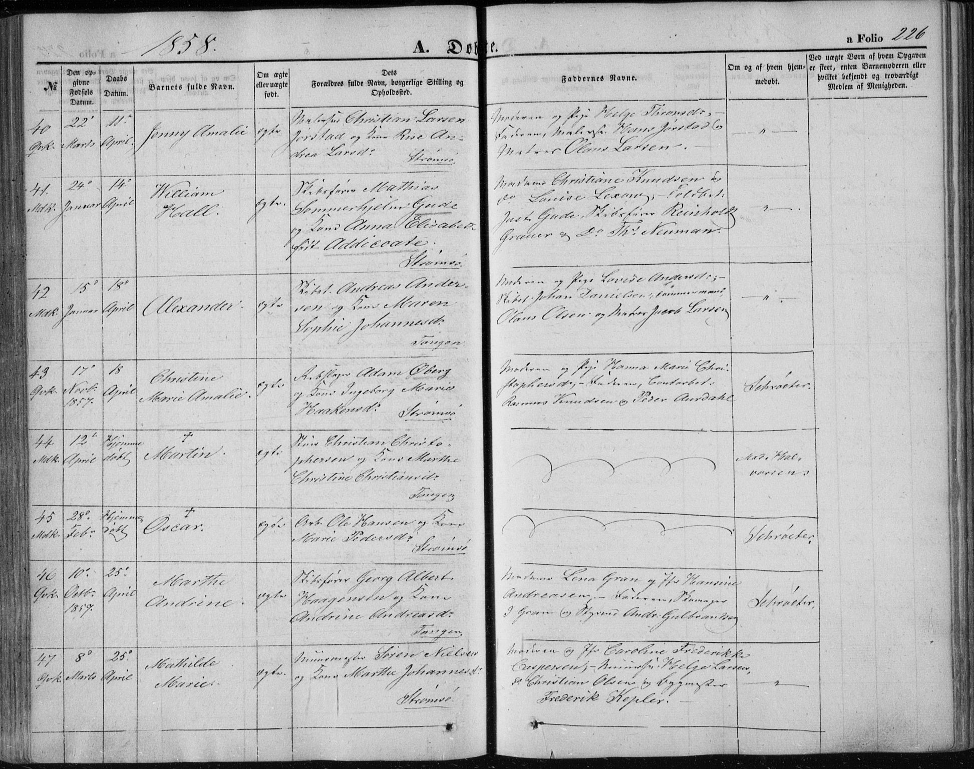 Strømsø kirkebøker, AV/SAKO-A-246/F/Fa/L0014: Parish register (official) no. I 14, 1848-1858, p. 226