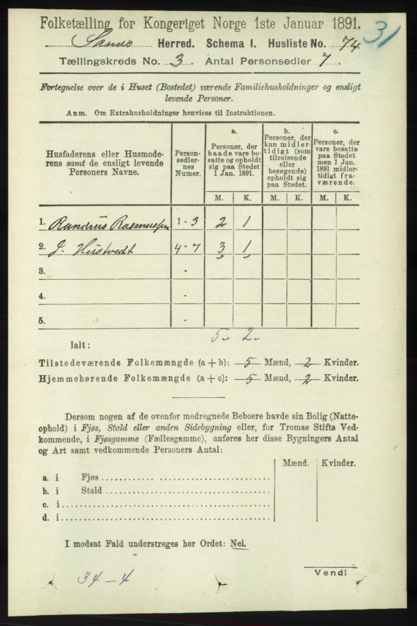 RA, 1891 census for 1136 Sand, 1891, p. 651