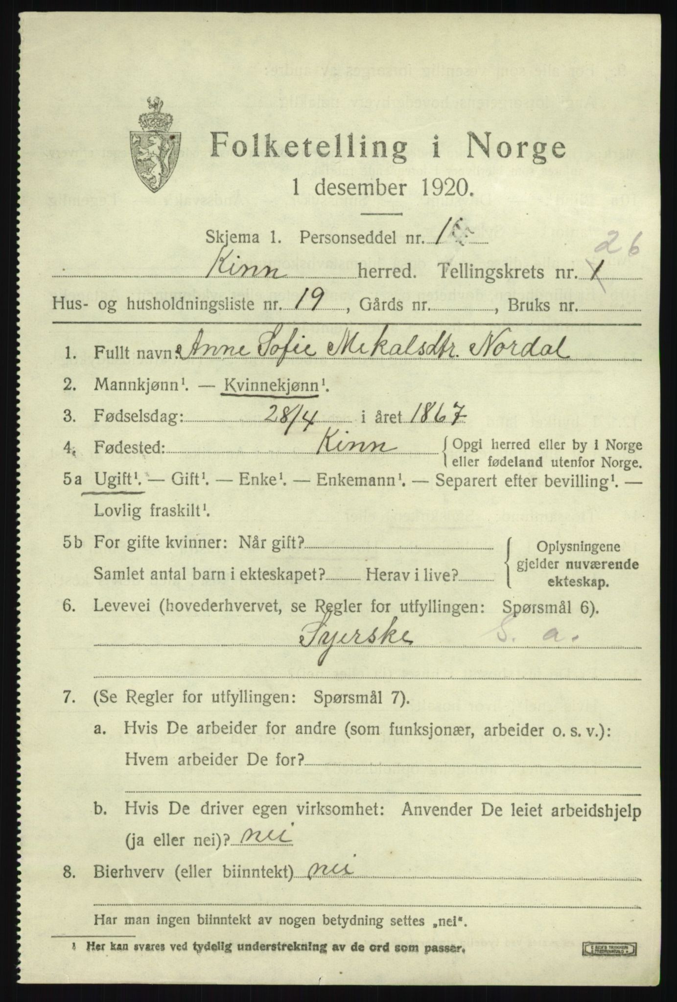 SAB, 1920 census for Kinn, 1920, p. 9143