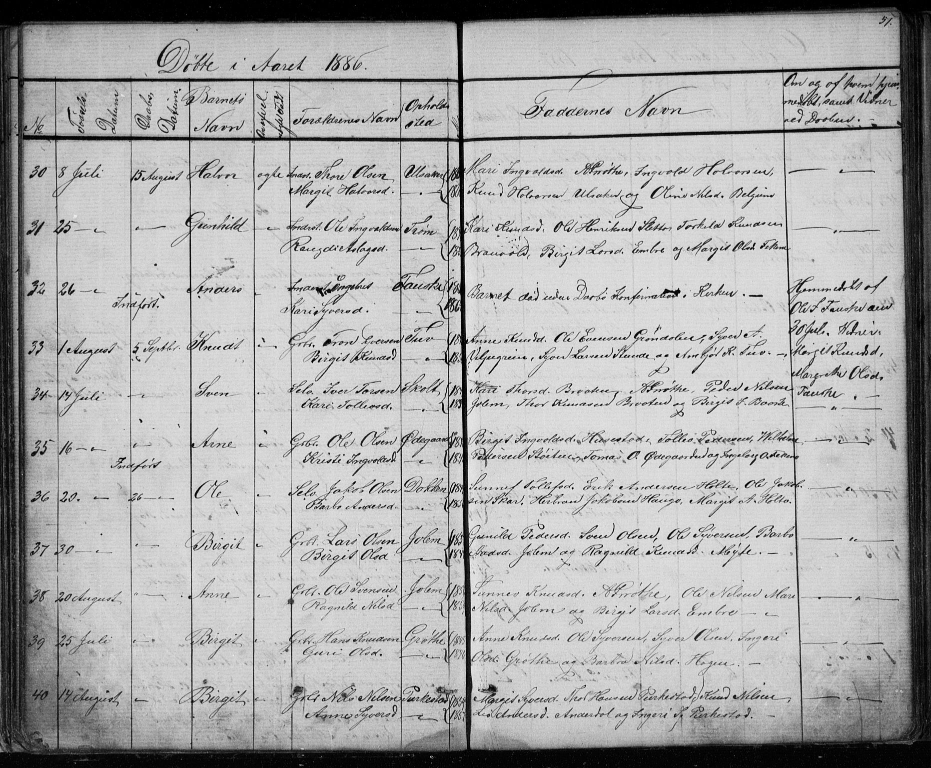 Gol kirkebøker, SAKO/A-226/G/Gb/L0005: Parish register (copy) no. II 5, 1875-1891, p. 51