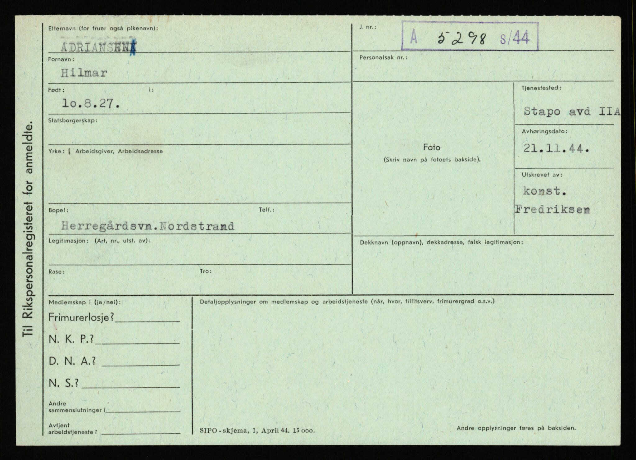 Statspolitiet - Hovedkontoret / Osloavdelingen, AV/RA-S-1329/C/Ca/L0001: Aabakken - Armann, 1943-1945, p. 1145