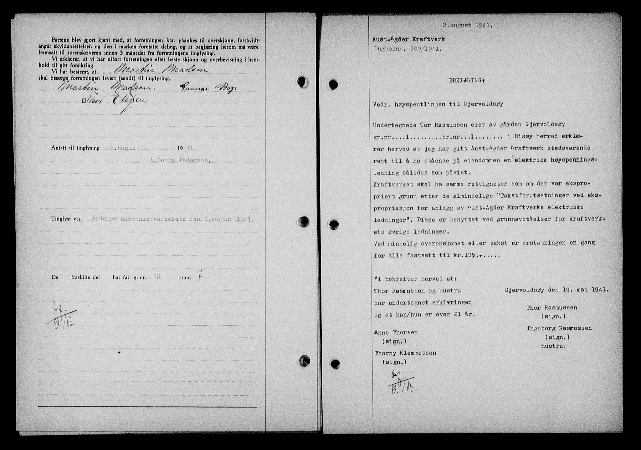 Nedenes sorenskriveri, SAK/1221-0006/G/Gb/Gba/L0048: Mortgage book no. A-II, 1940-1941, Diary no: : 609/1941