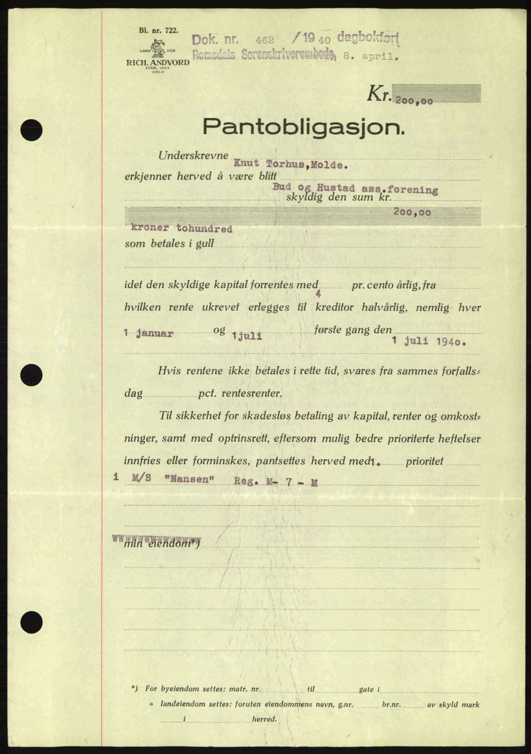 Romsdal sorenskriveri, AV/SAT-A-4149/1/2/2C: Mortgage book no. B2, 1939-1945, Diary no: : 462/1940