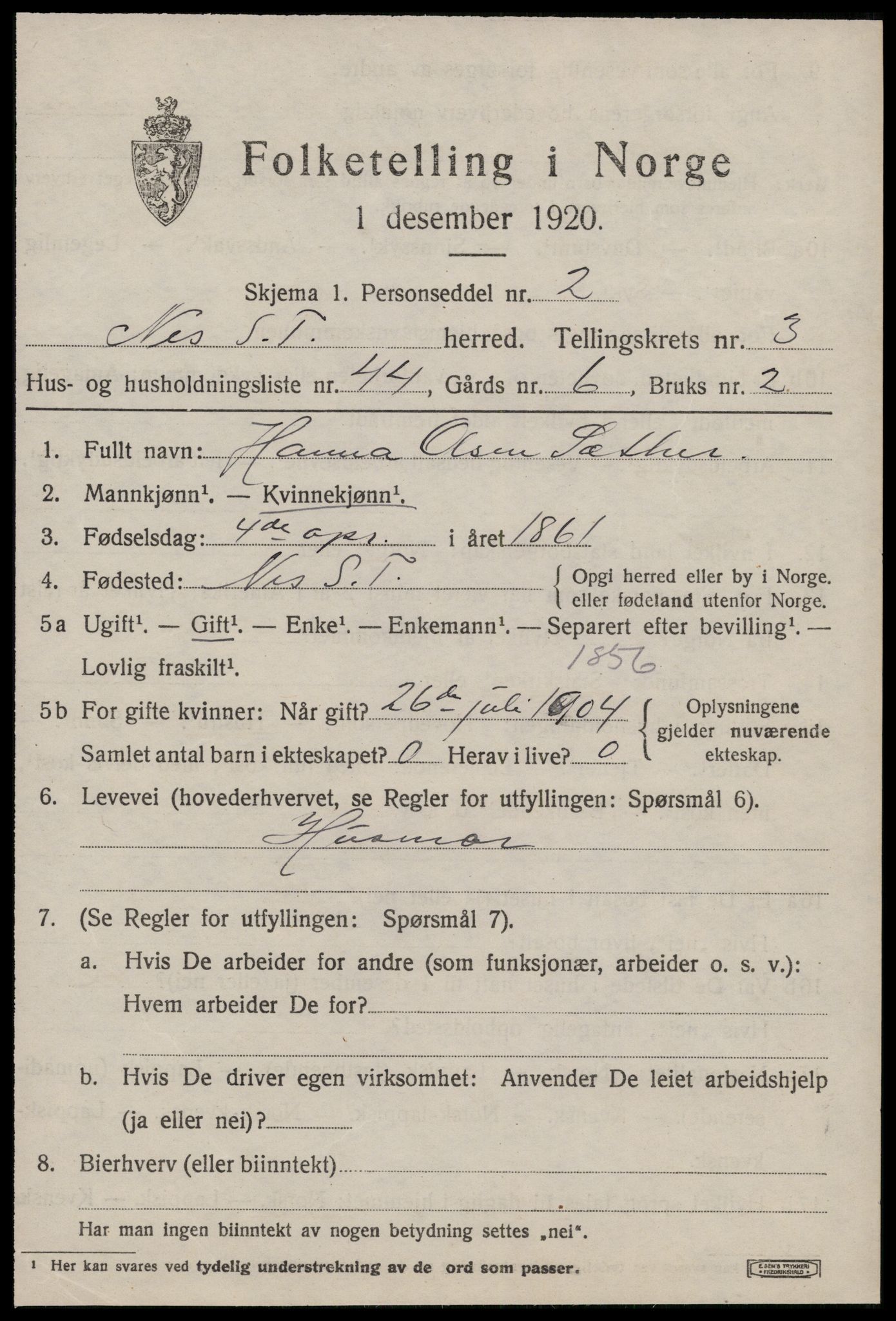 SAT, 1920 census for Nes (ST), 1920, p. 2131