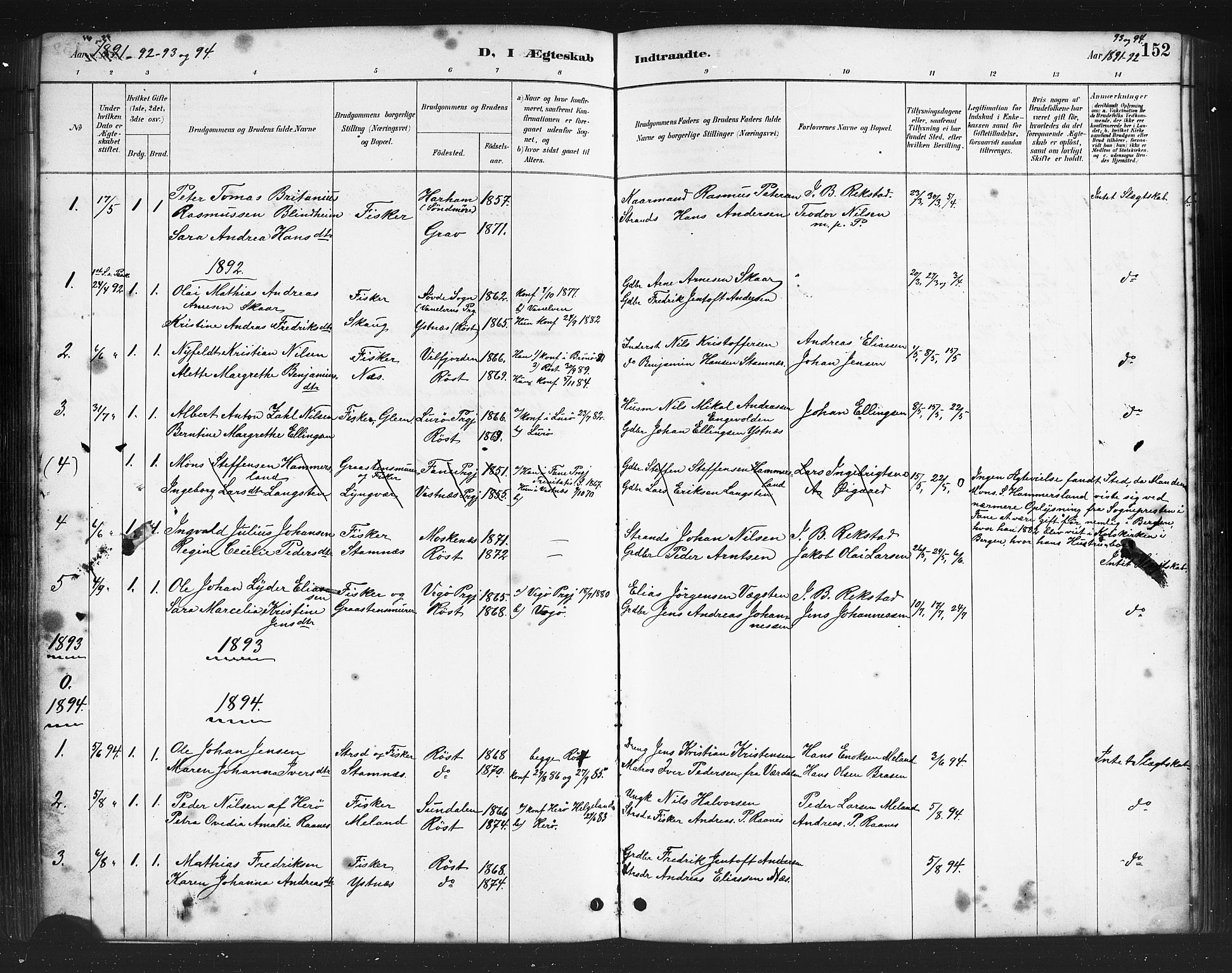 Ministerialprotokoller, klokkerbøker og fødselsregistre - Nordland, AV/SAT-A-1459/808/L0131: Parish register (copy) no. 808C02, 1879-1919, p. 152