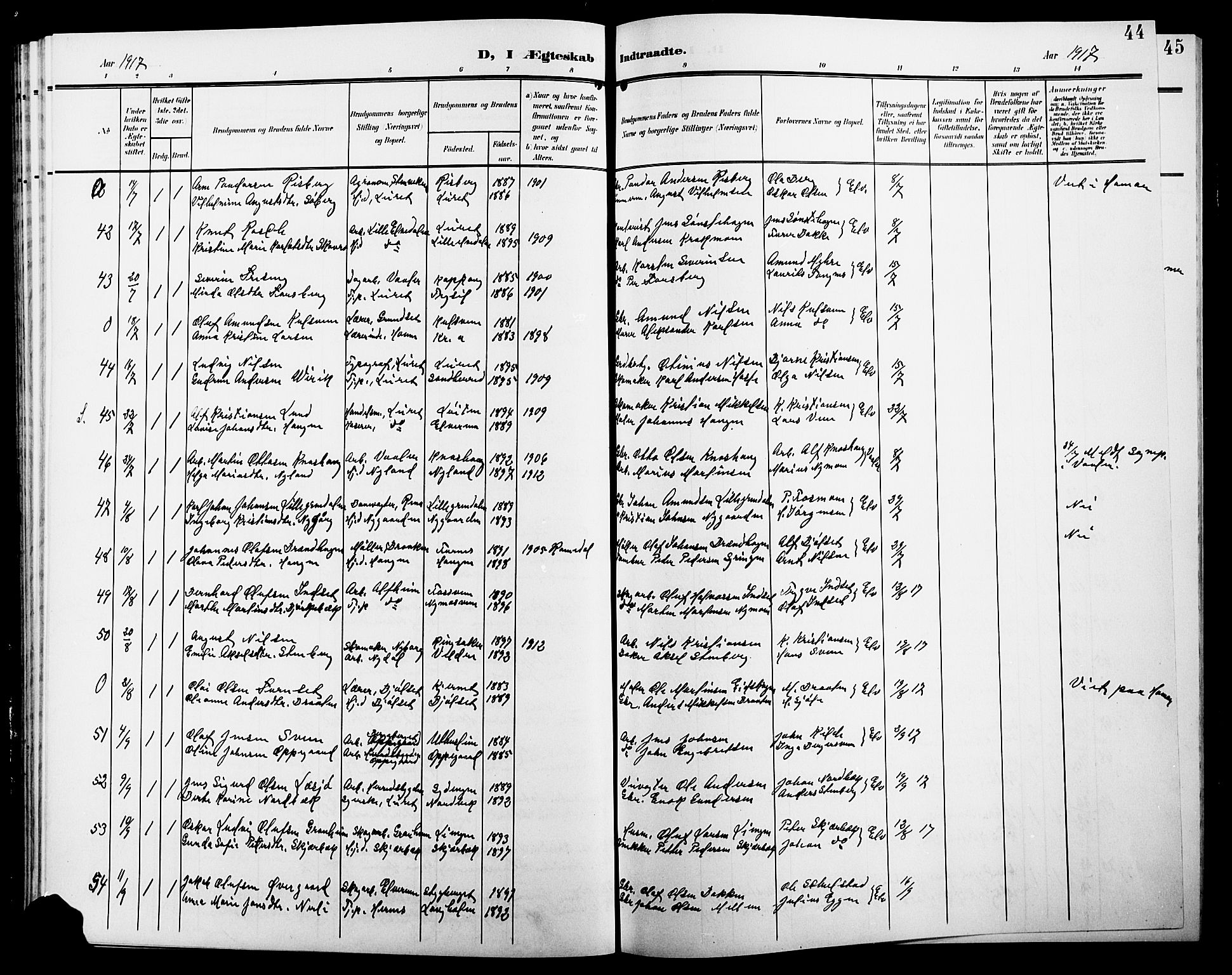 Elverum prestekontor, AV/SAH-PREST-044/H/Ha/Hab/L0009: Parish register (copy) no. 9, 1908-1921, p. 44