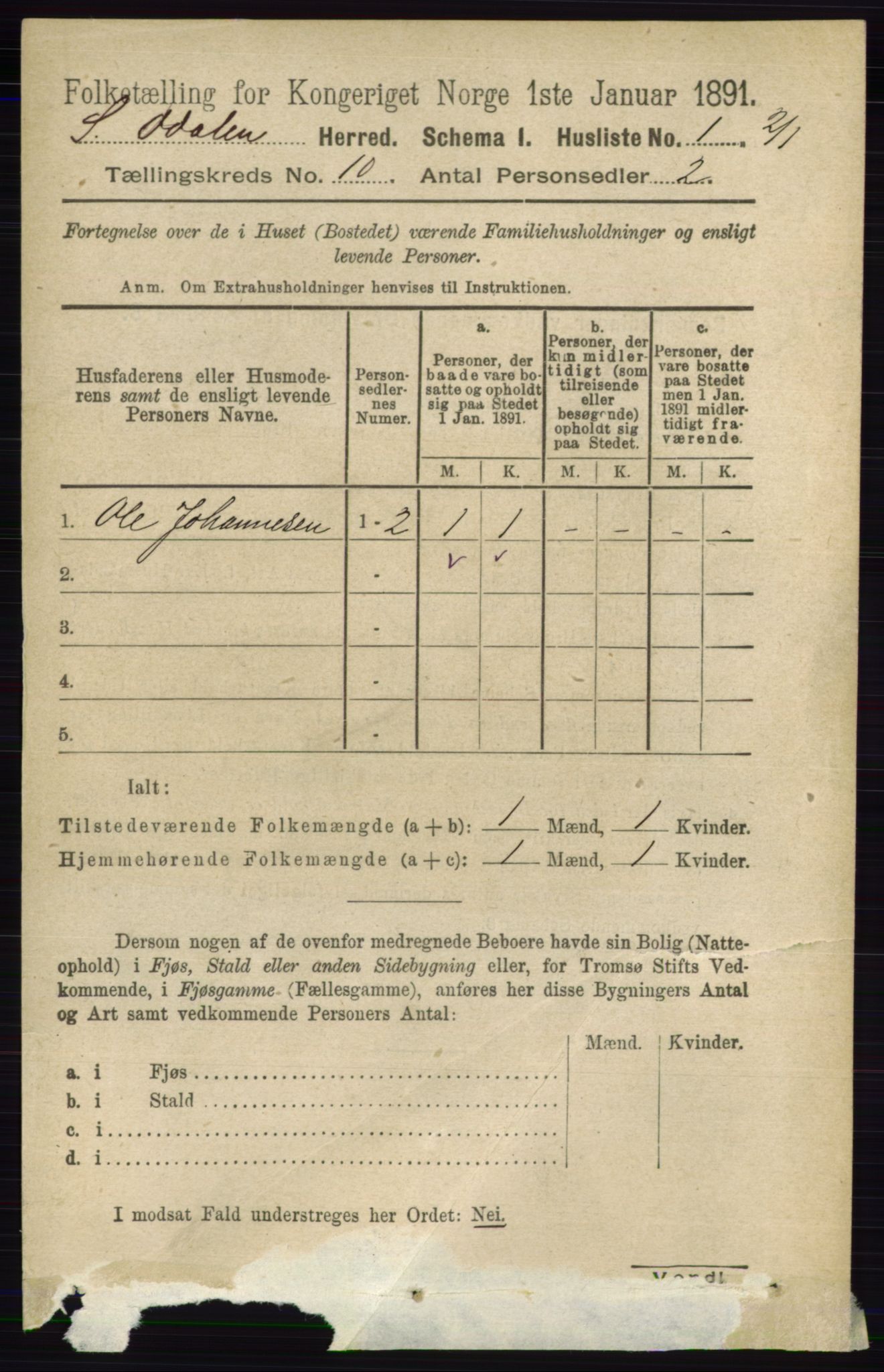 RA, 1891 census for 0419 Sør-Odal, 1891, p. 4281