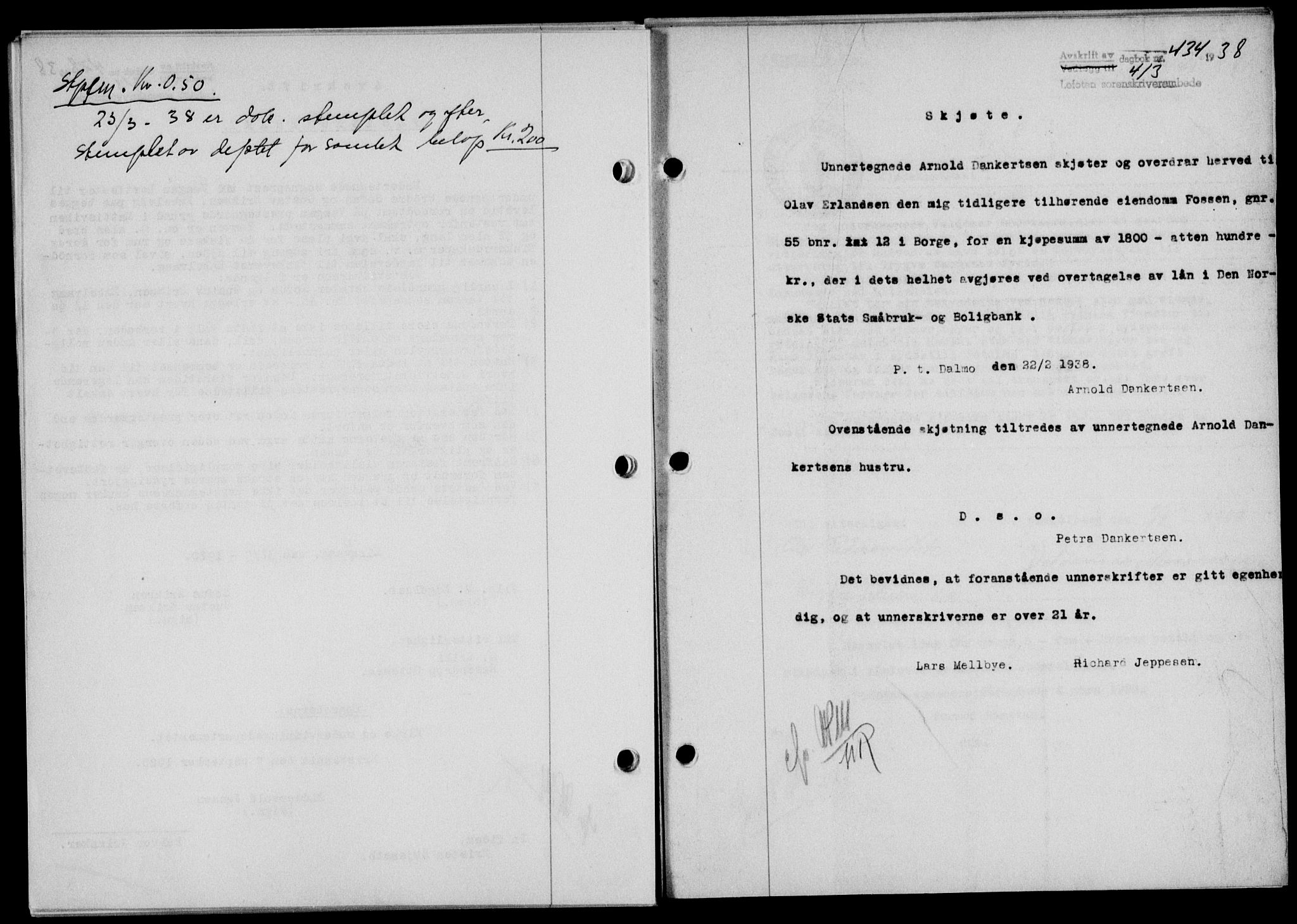 Lofoten sorenskriveri, SAT/A-0017/1/2/2C/L0003a: Mortgage book no. 3a, 1937-1938, Diary no: : 434/1938