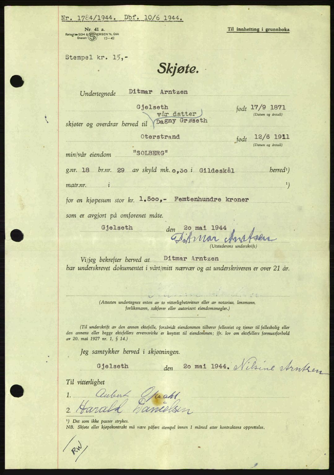 Salten sorenskriveri, AV/SAT-A-4578/1/2/2C: Mortgage book no. A14-15, 1943-1945, Diary no: : 1784/1944