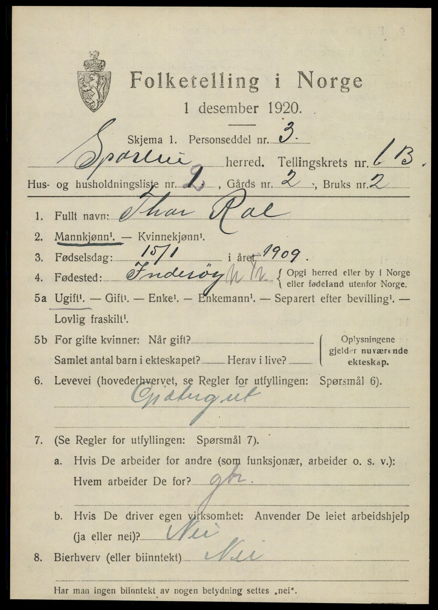 SAT, 1920 census for Sparbu, 1920, p. 1949