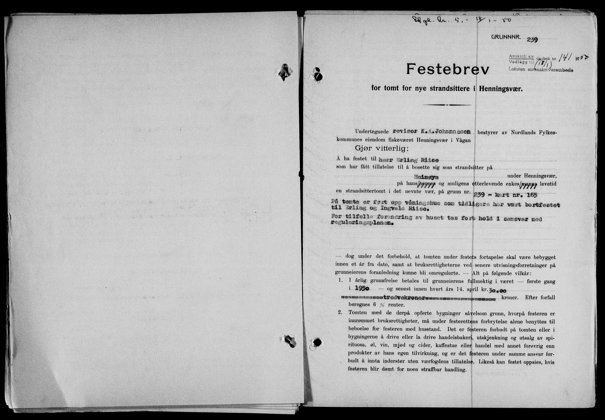 Lofoten sorenskriveri, SAT/A-0017/1/2/2C/L0022a: Mortgage book no. 22a, 1949-1950, Diary no: : 141/1950
