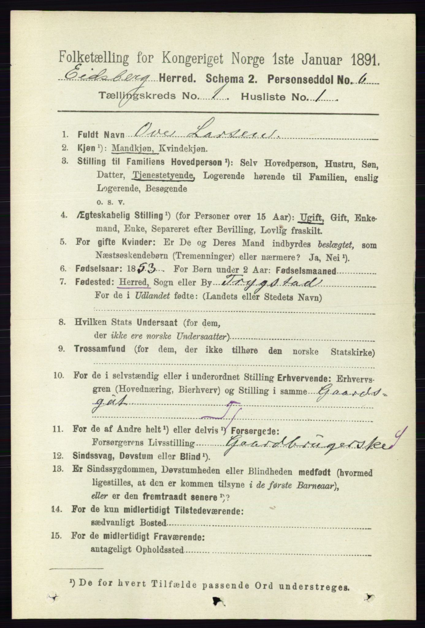 RA, 1891 census for 0125 Eidsberg, 1891, p. 144