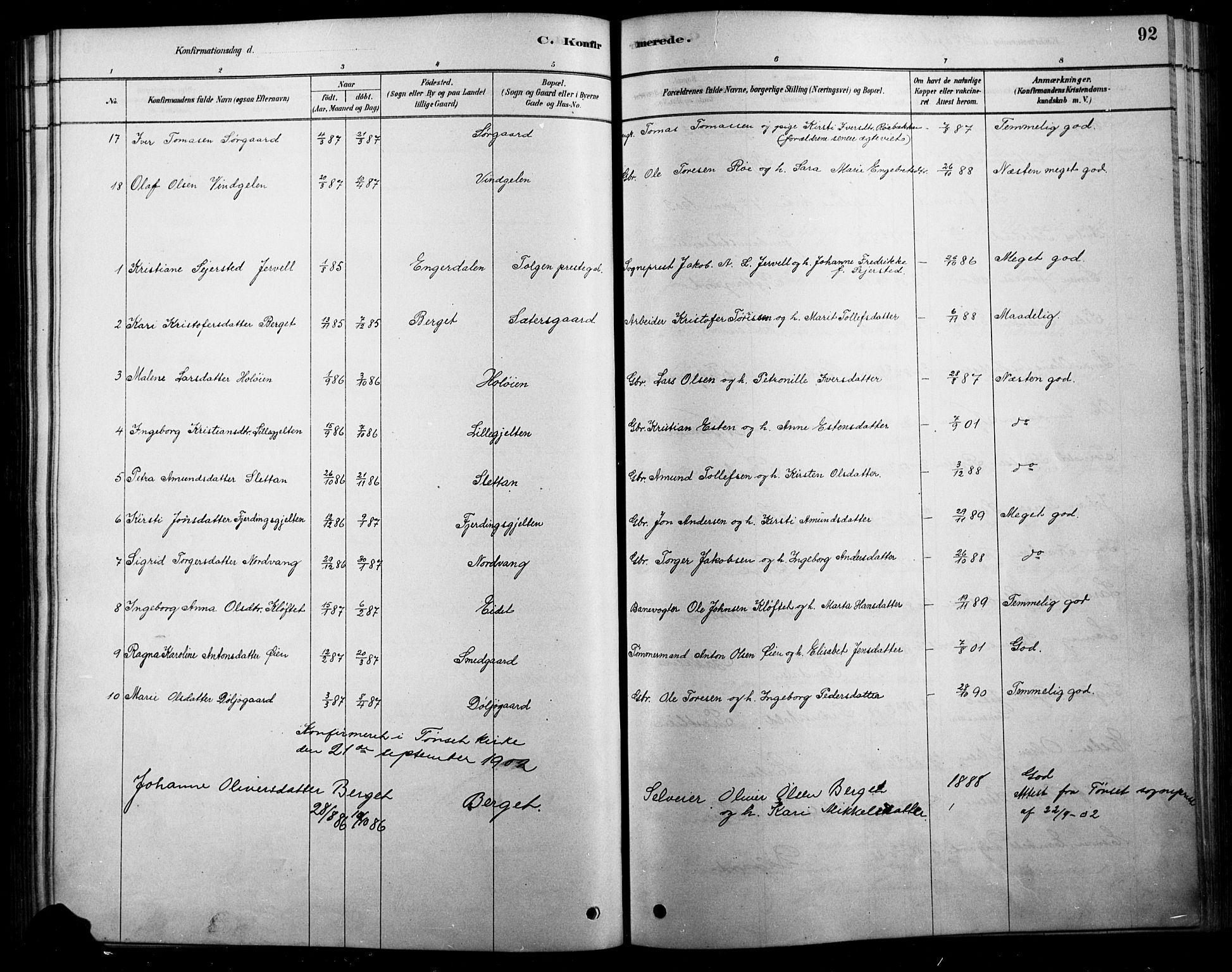 Tolga prestekontor, SAH/PREST-062/L/L0007: Parish register (copy) no. 7, 1878-1919, p. 92