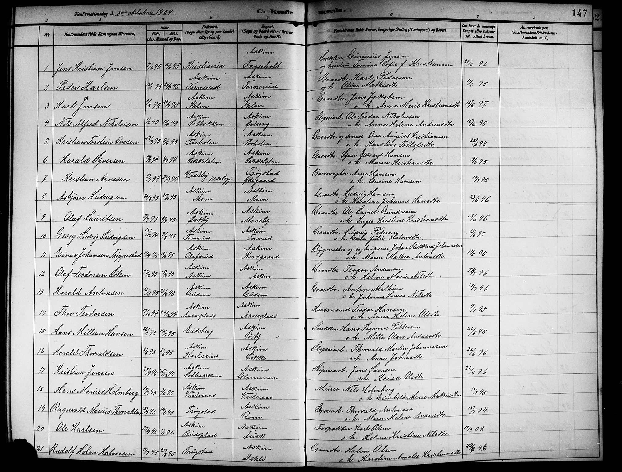 Askim prestekontor Kirkebøker, SAO/A-10900/G/Ga/L0002: Parish register (copy) no. 2, 1903-1921, p. 147