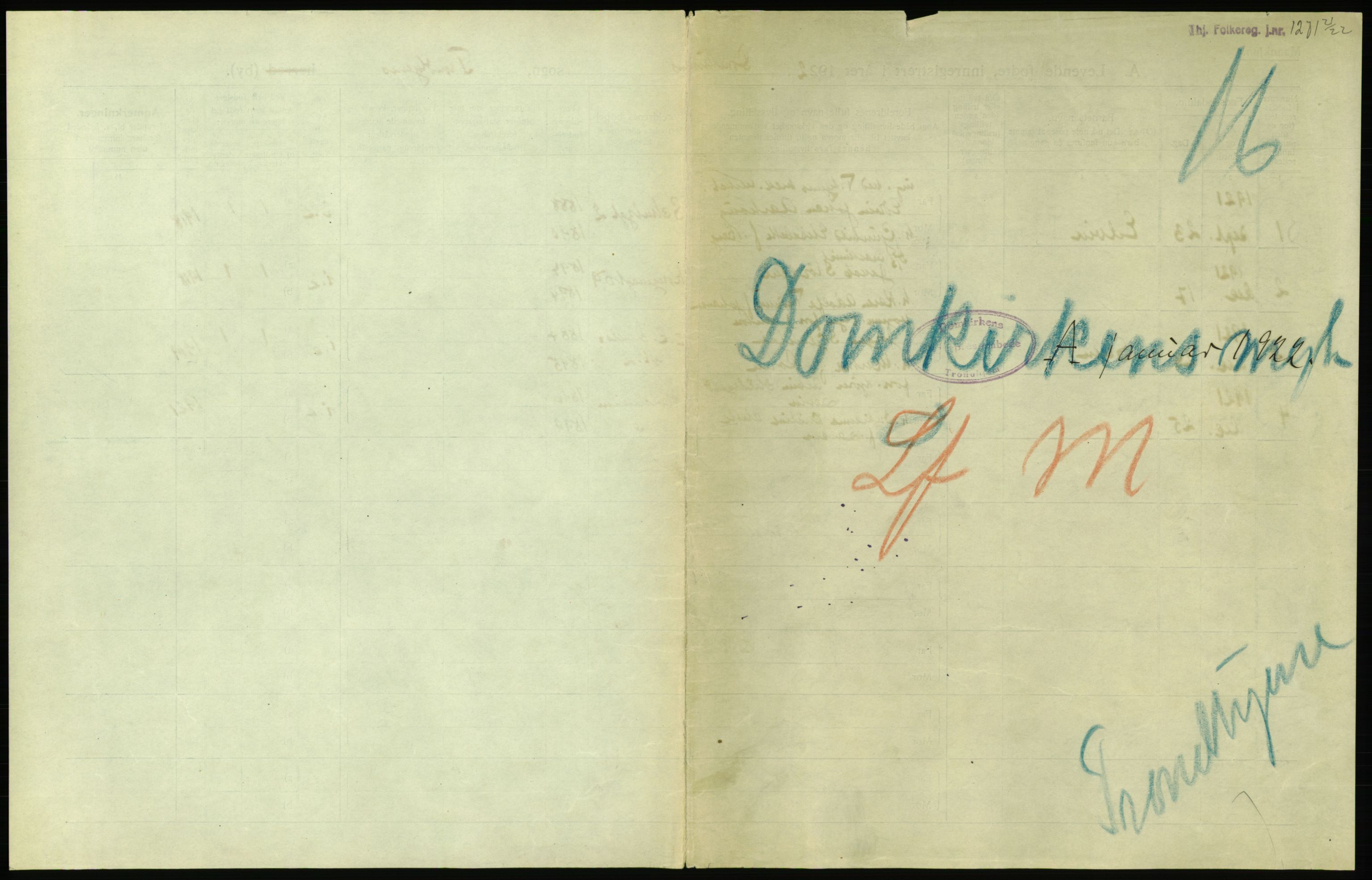 Statistisk sentralbyrå, Sosiodemografiske emner, Befolkning, AV/RA-S-2228/D/Df/Dfc/Dfcb/L0039: Trondheim: Levendefødte menn og kvinner., 1922, p. 3