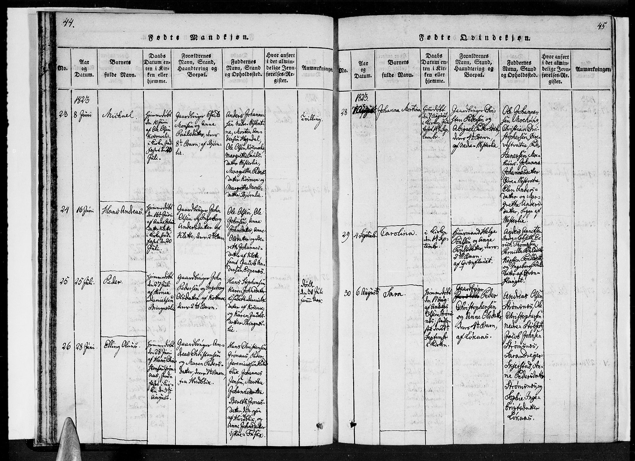 Ministerialprotokoller, klokkerbøker og fødselsregistre - Nordland, SAT/A-1459/852/L0736: Parish register (official) no. 852A06, 1820-1833, p. 44-45