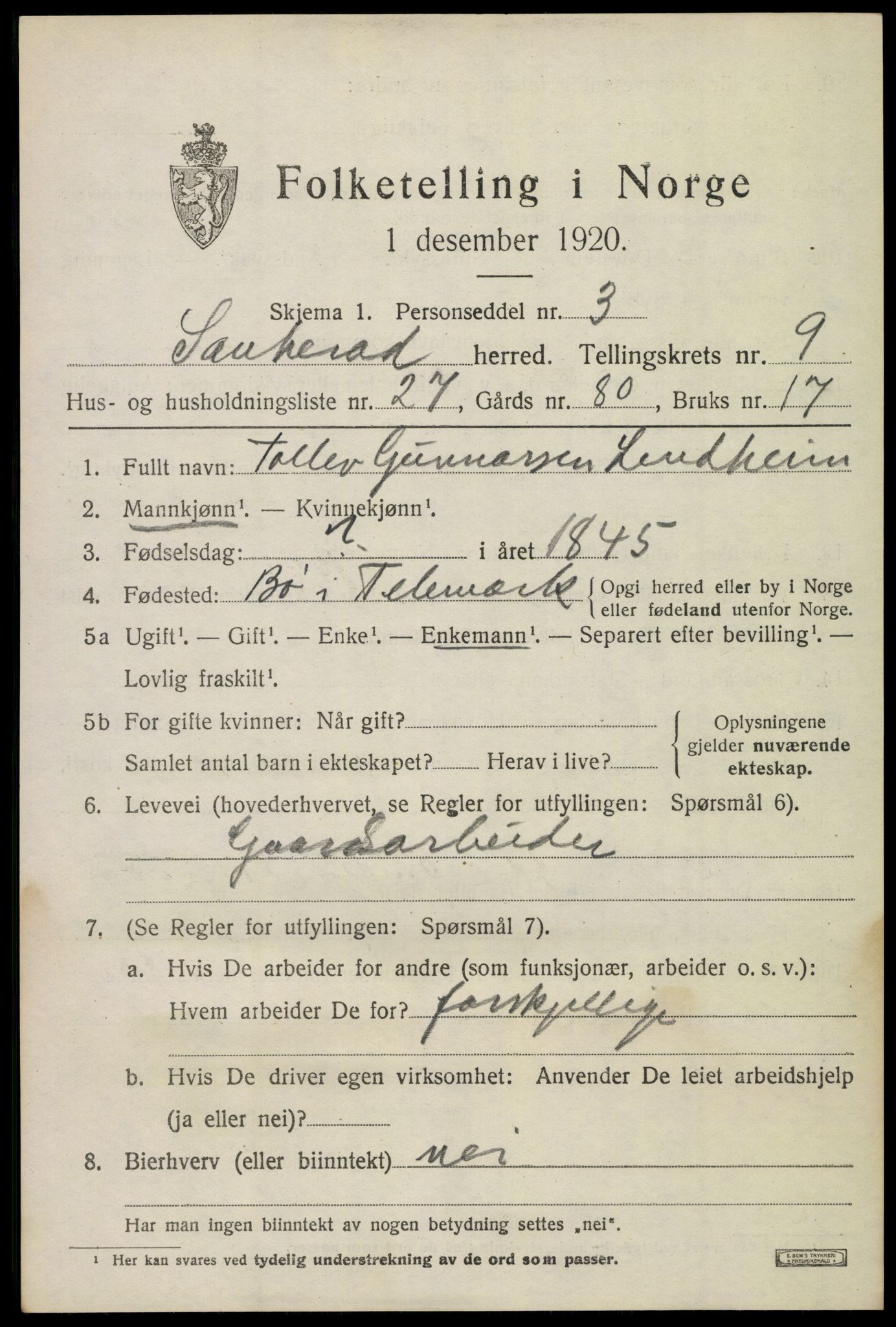 SAKO, 1920 census for Sauherad, 1920, p. 7125