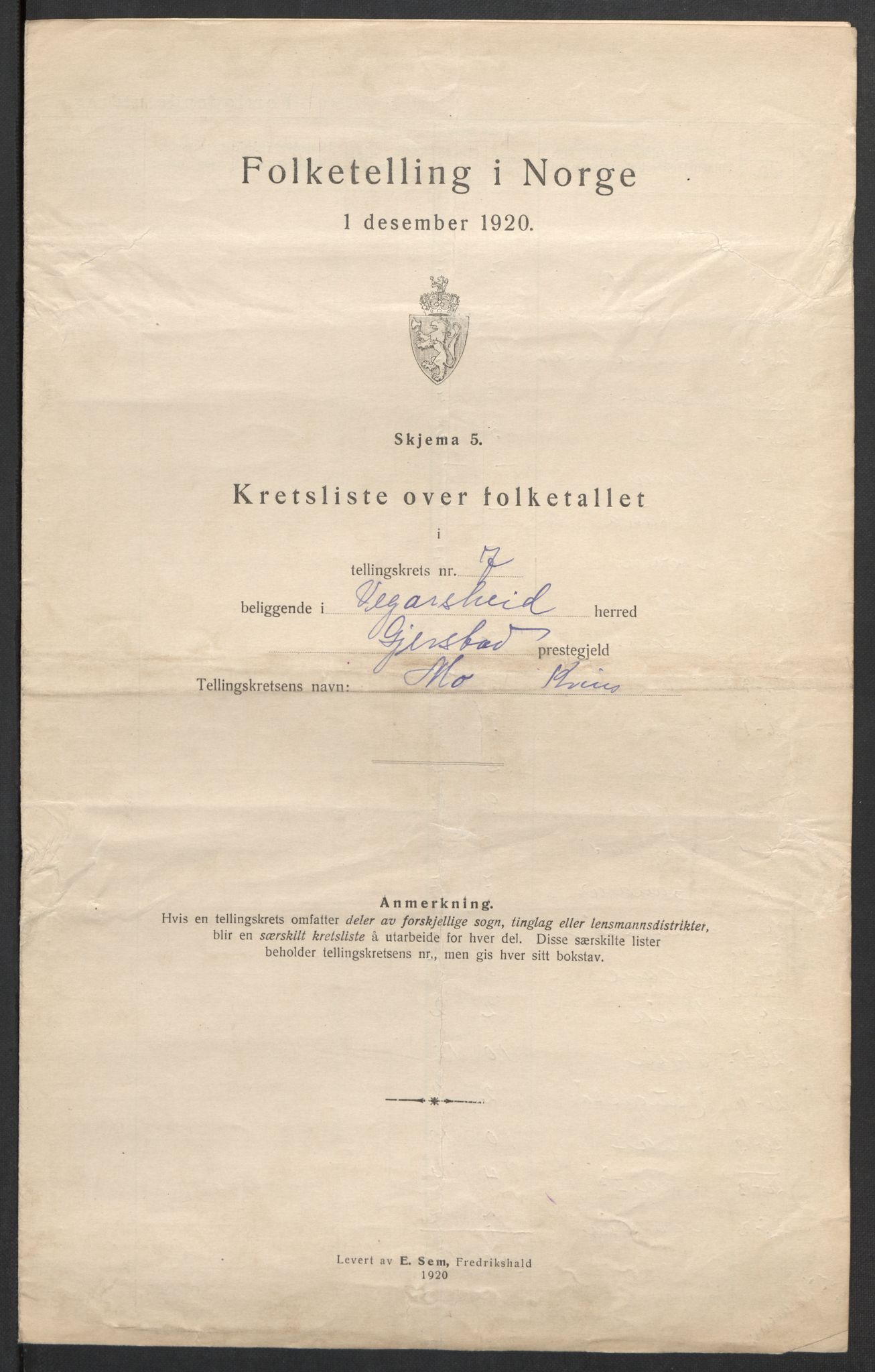 SAK, 1920 census for Vegårshei, 1920, p. 30