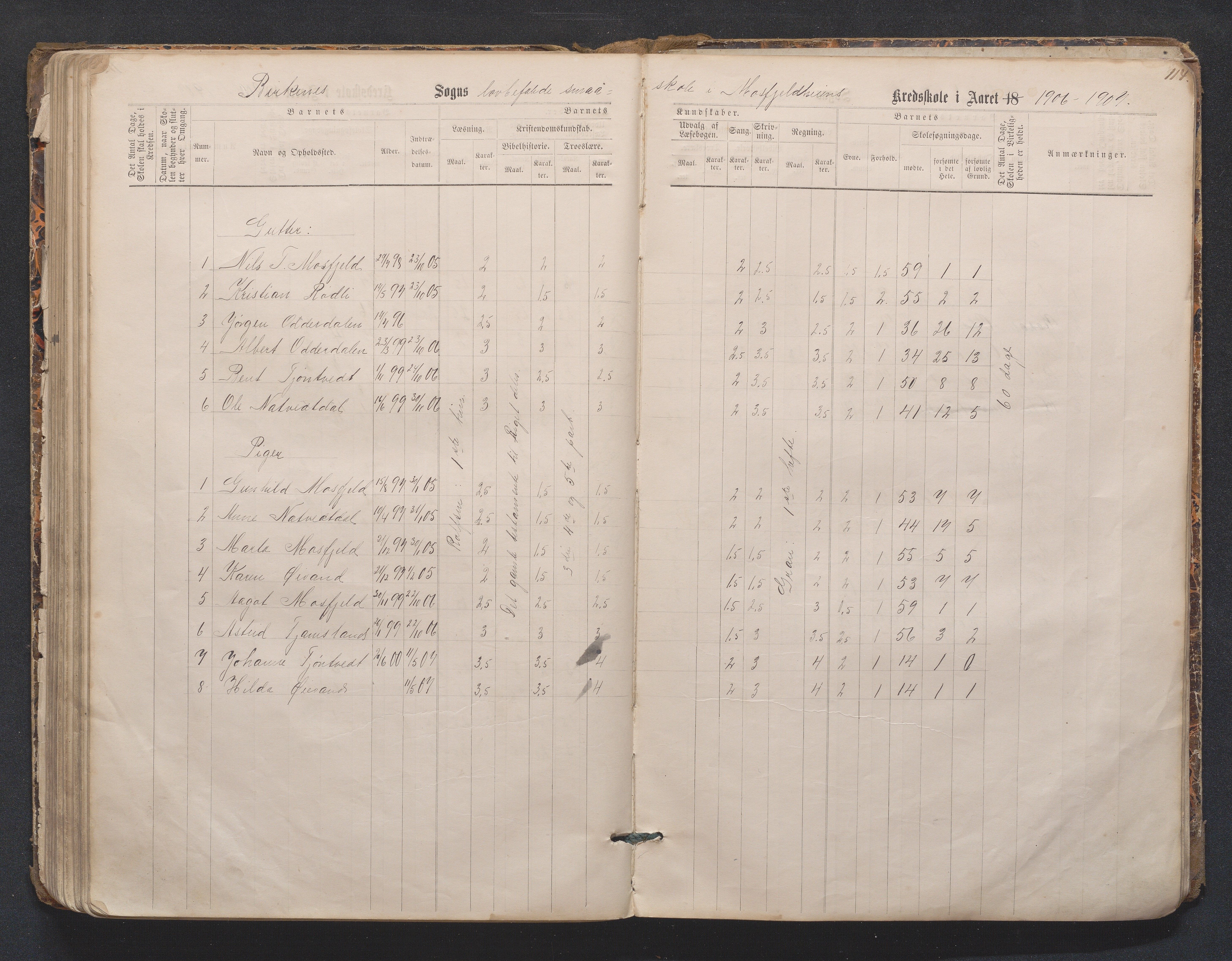Birkenes kommune, Mosfjell skolekrets, AAMA/KA0928-550f_91/F02/L0001: Skoleprotokoll Flå og Mosfjell, 1867-1909, p. 114