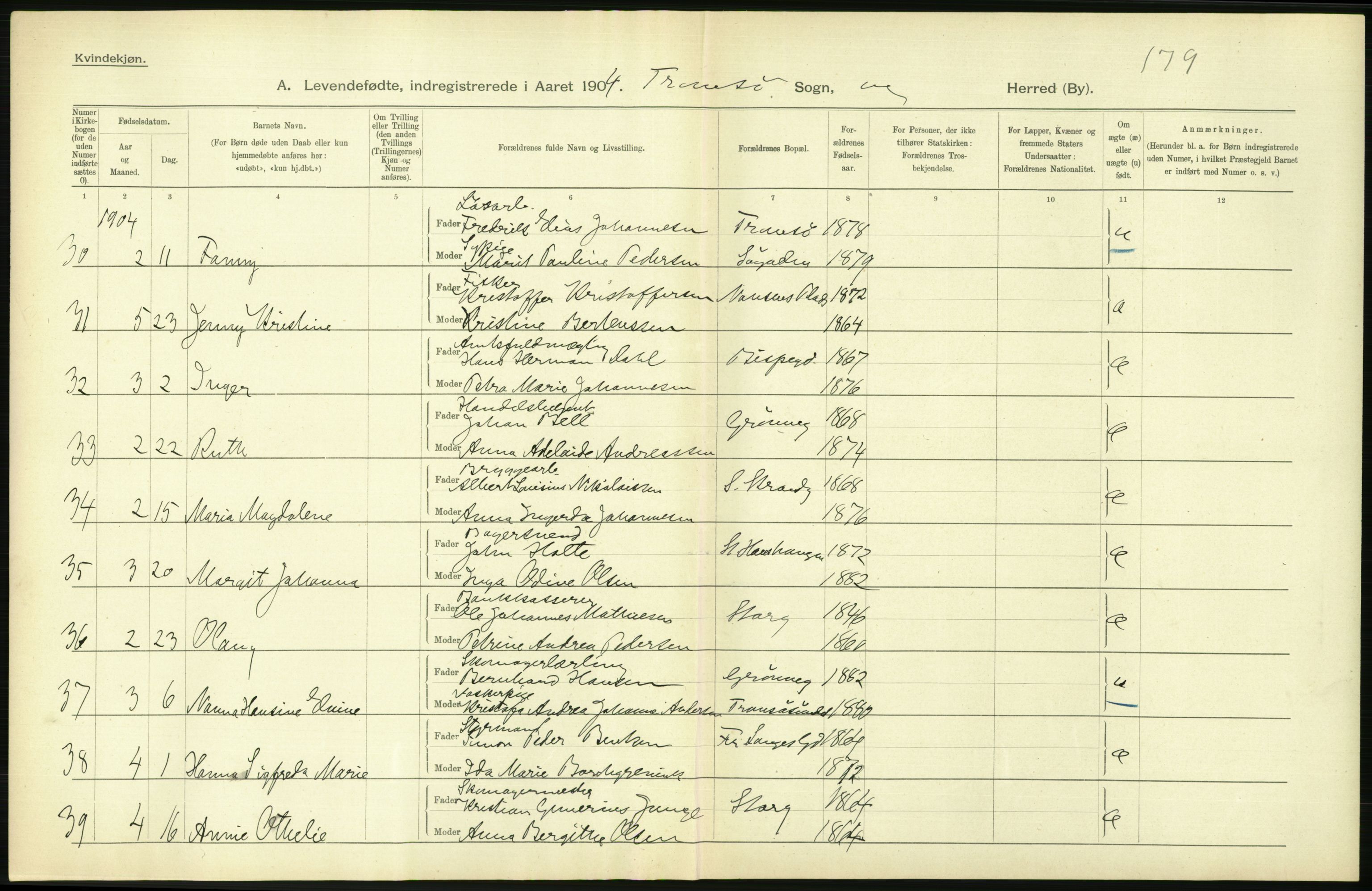 Statistisk sentralbyrå, Sosiodemografiske emner, Befolkning, AV/RA-S-2228/D/Df/Dfa/Dfab/L0022: Tromsø amt: Fødte, gifte, døde, 1904, p. 268