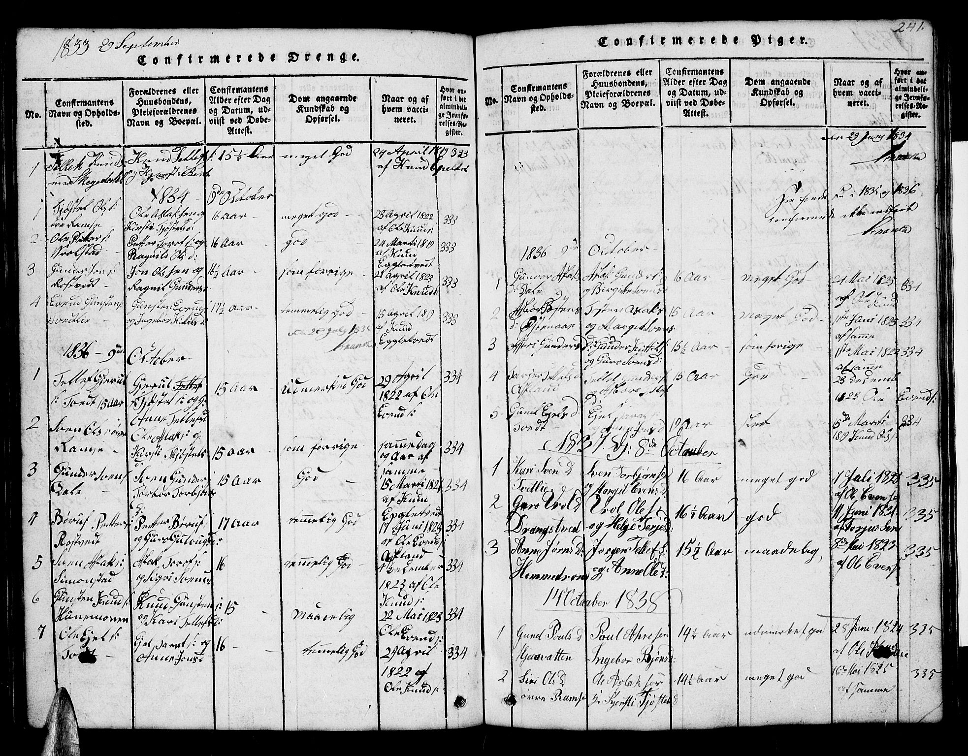 Åmli sokneprestkontor, AV/SAK-1111-0050/F/Fb/Fbb/L0001: Parish register (copy) no. B 1, 1816-1889, p. 241