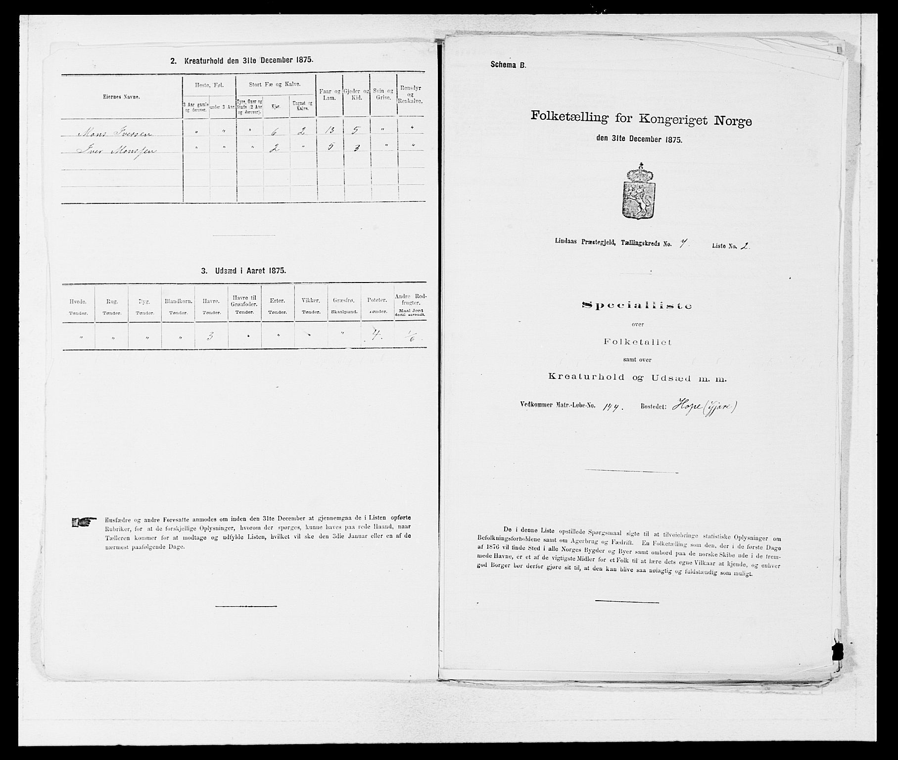 SAB, 1875 census for 1263P Lindås, 1875, p. 543