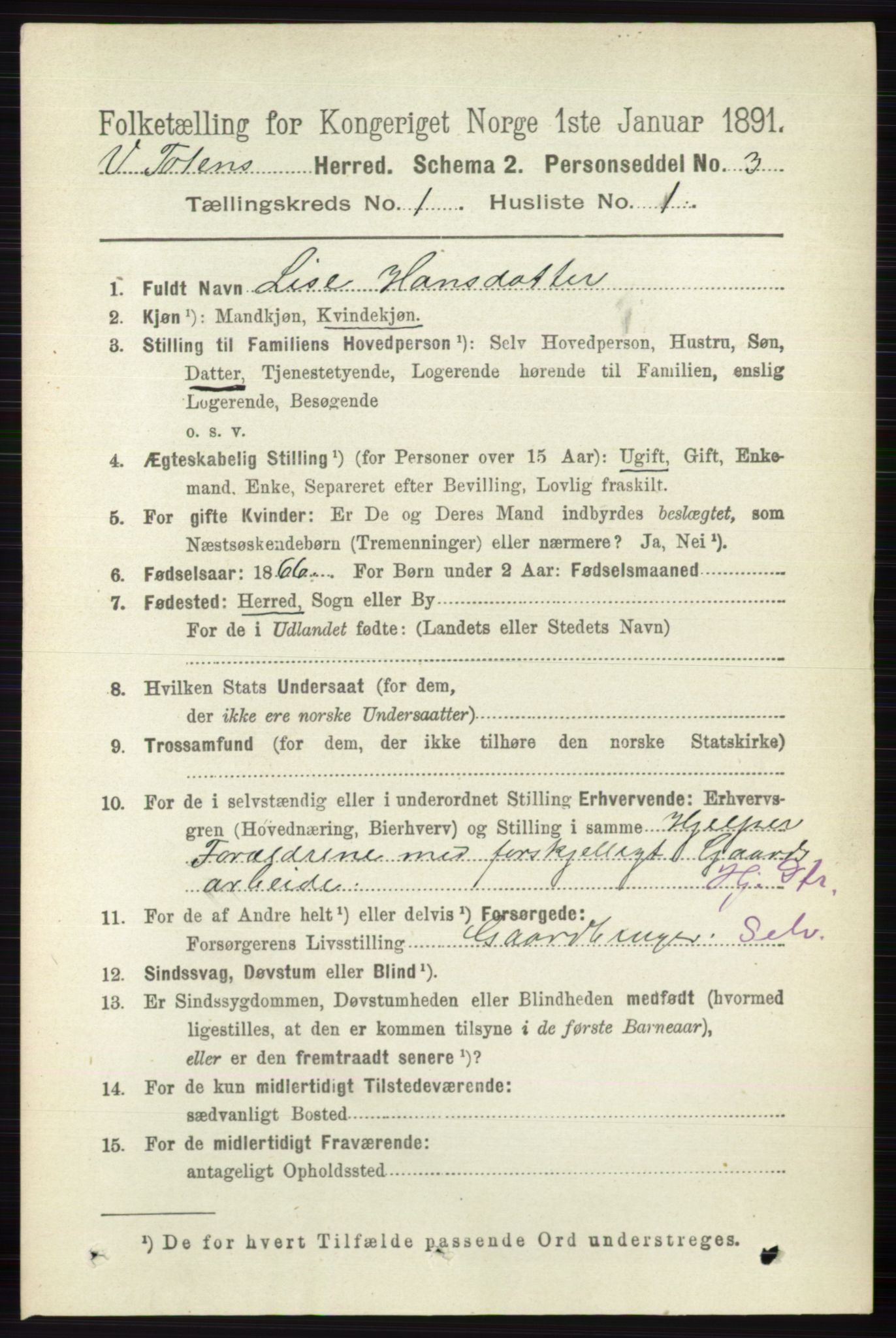 RA, 1891 census for 0529 Vestre Toten, 1891, p. 190