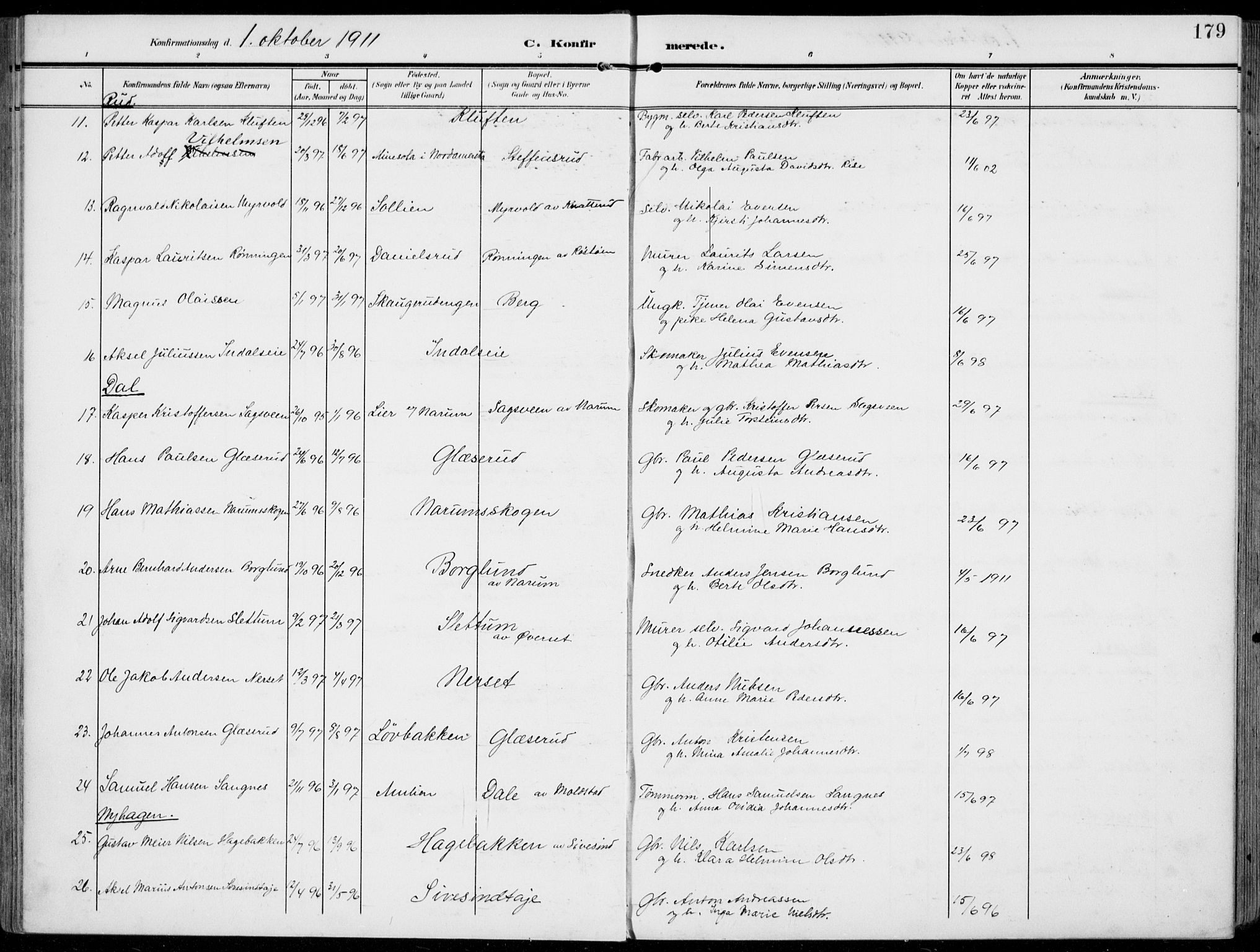 Vestre Toten prestekontor, AV/SAH-PREST-108/H/Ha/Haa/L0014: Parish register (official) no. 14, 1907-1920, p. 179