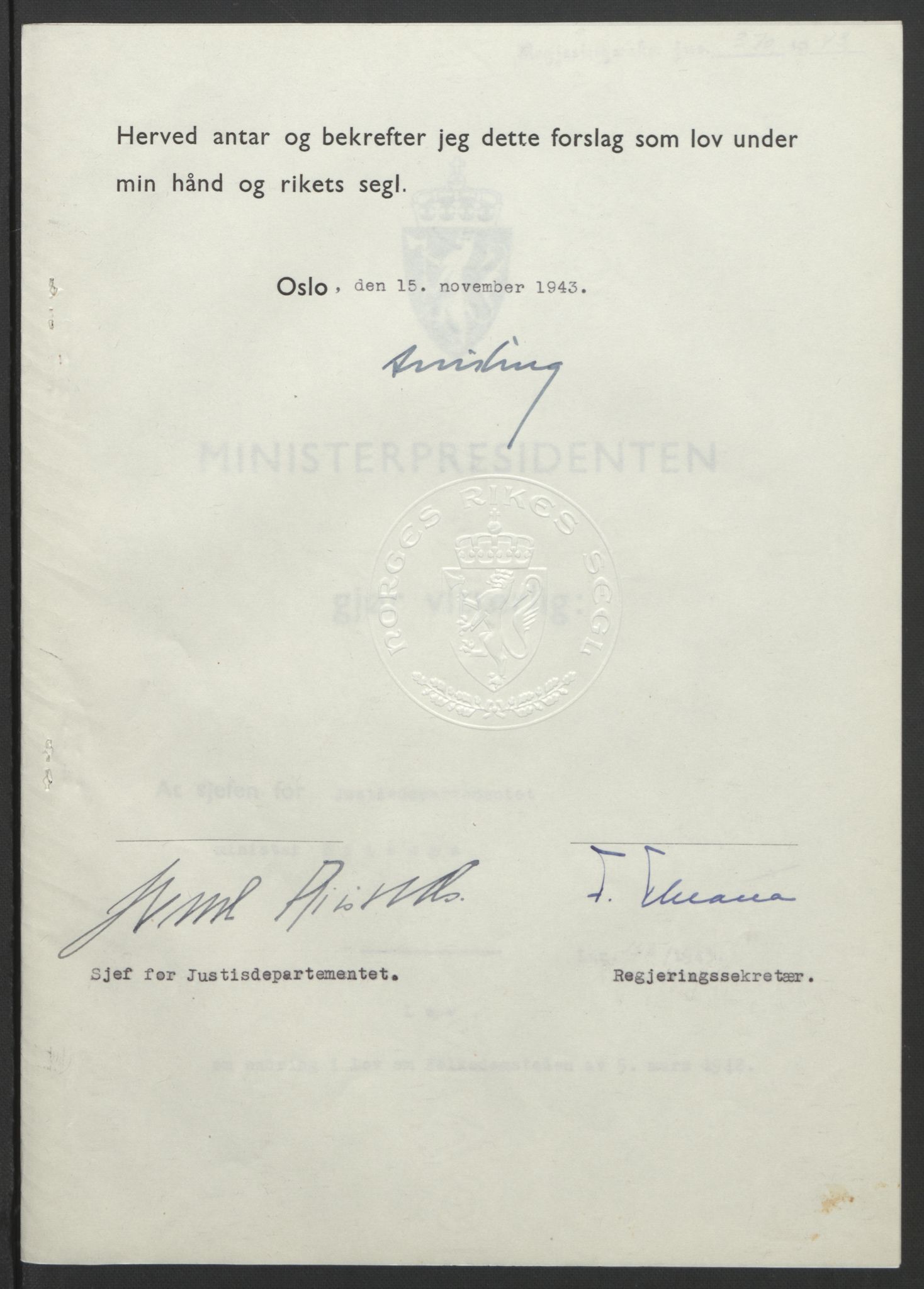 NS-administrasjonen 1940-1945 (Statsrådsekretariatet, de kommisariske statsråder mm), AV/RA-S-4279/D/Db/L0099: Lover, 1943, p. 730