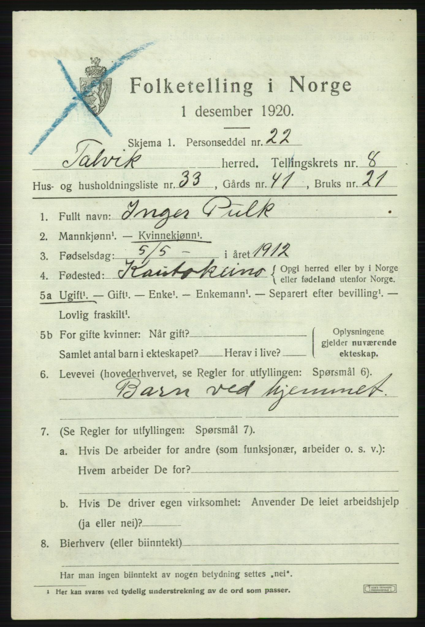SATØ, 1920 census for Talvik, 1920, p. 5376