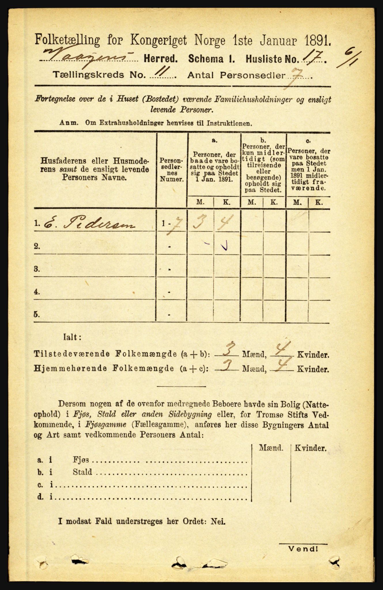 RA, 1891 census for 1865 Vågan, 1891, p. 2726